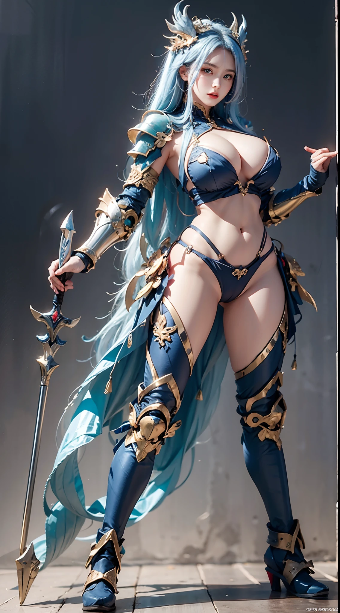 Silver Dragon Queen, Hand-held dragon spearman pose, huge boob, Mecha heavy armor, cleanness, standing, Thick body, muscle abs.