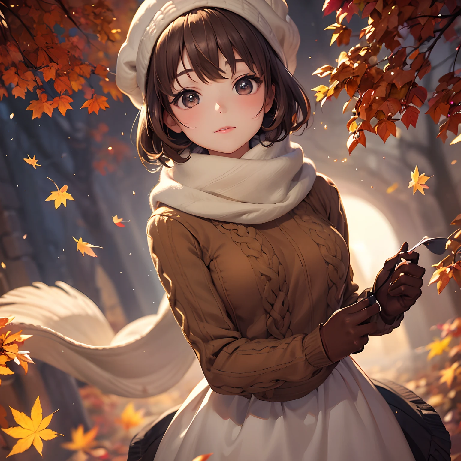 finest image, portrait, very cute girl, light brown glossy pixie cut, sparkling big eyes, scarf, gloves, fluffy sweater, background fallen leaves and chestnuts are covered with autumn leaves, professional lighting