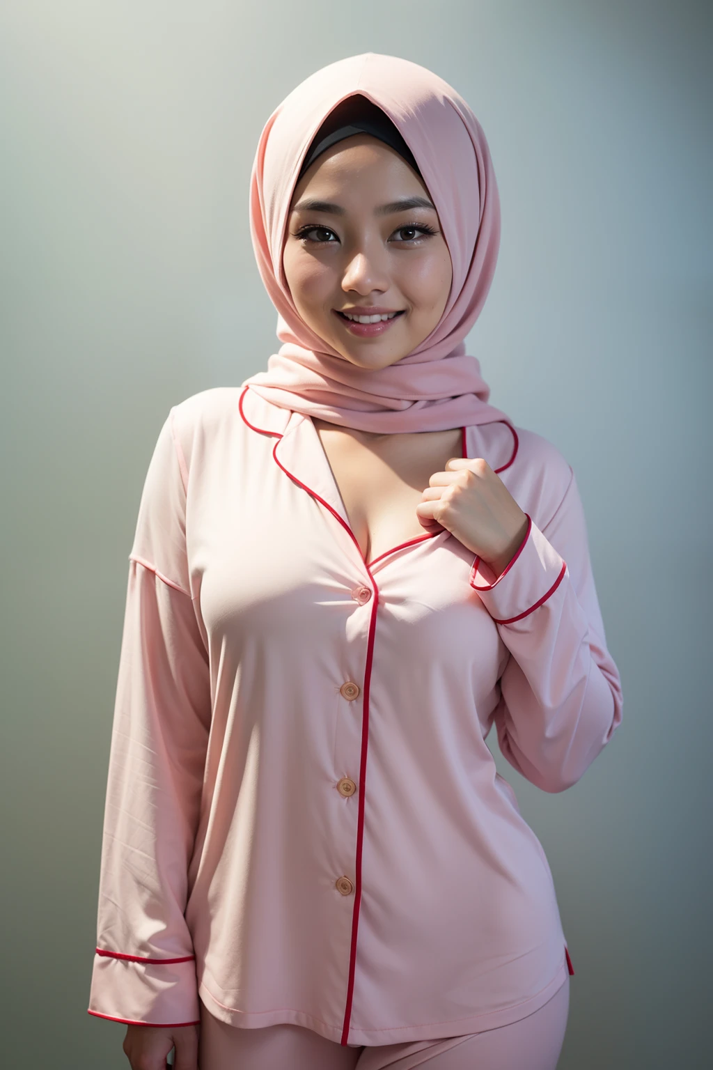 Malay girl in hijab wearing sexy pastel color cotton shorts pajamas, portrait photography, mid shot photo, ultra detail, professional photograph with professional lighting, smile, photo studio background, petite,