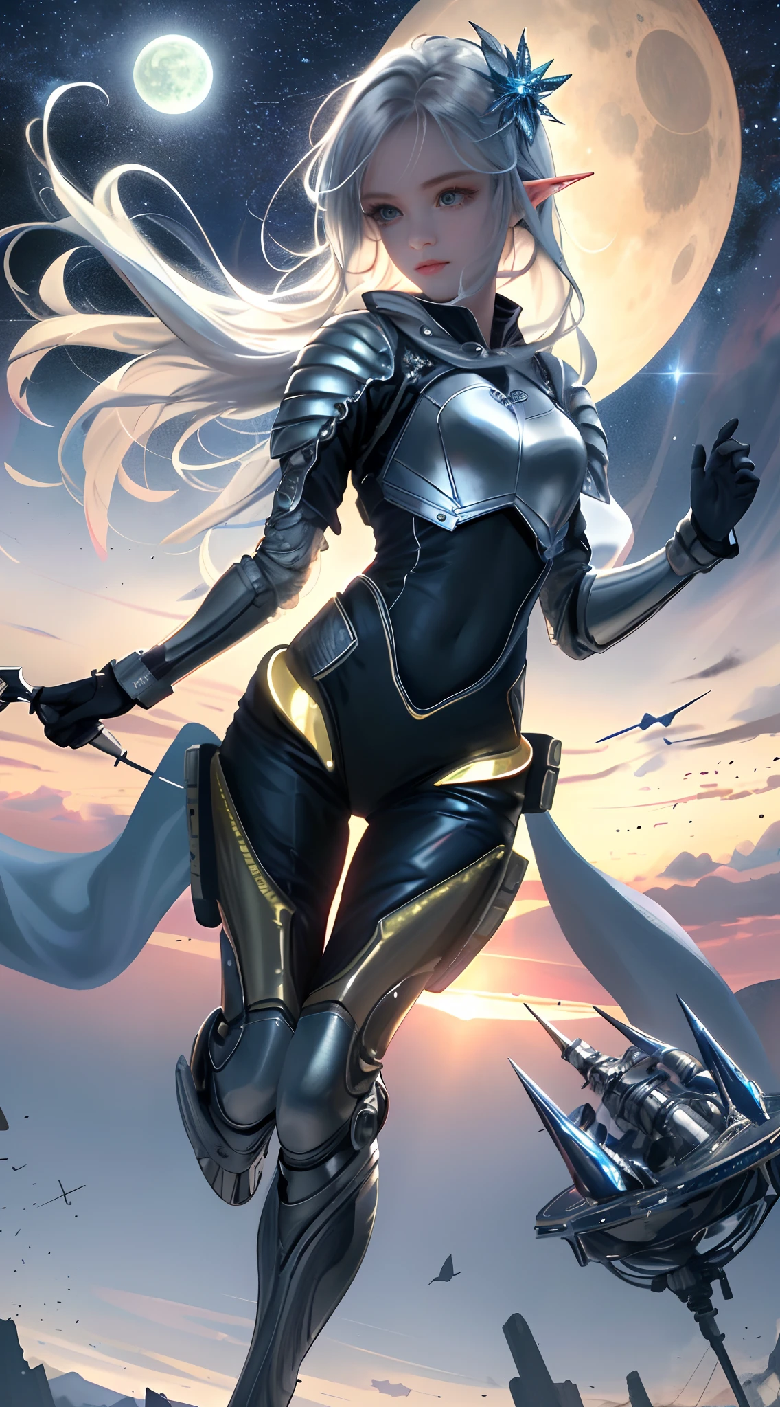 (Best quality, Masterpiece) high resolution, Extremely detailed, Detailed background, Cinematic lighting, illustration, 1girll, Solo, active pose, Long eyelashes, colored eyelashes, (Sharp eyes:1), Cloudy sky, Flying,  Above the clouds, stars, elf, Starry sky, Spacesuit, Thigh set, midriff, (:0.8), lunarpunk