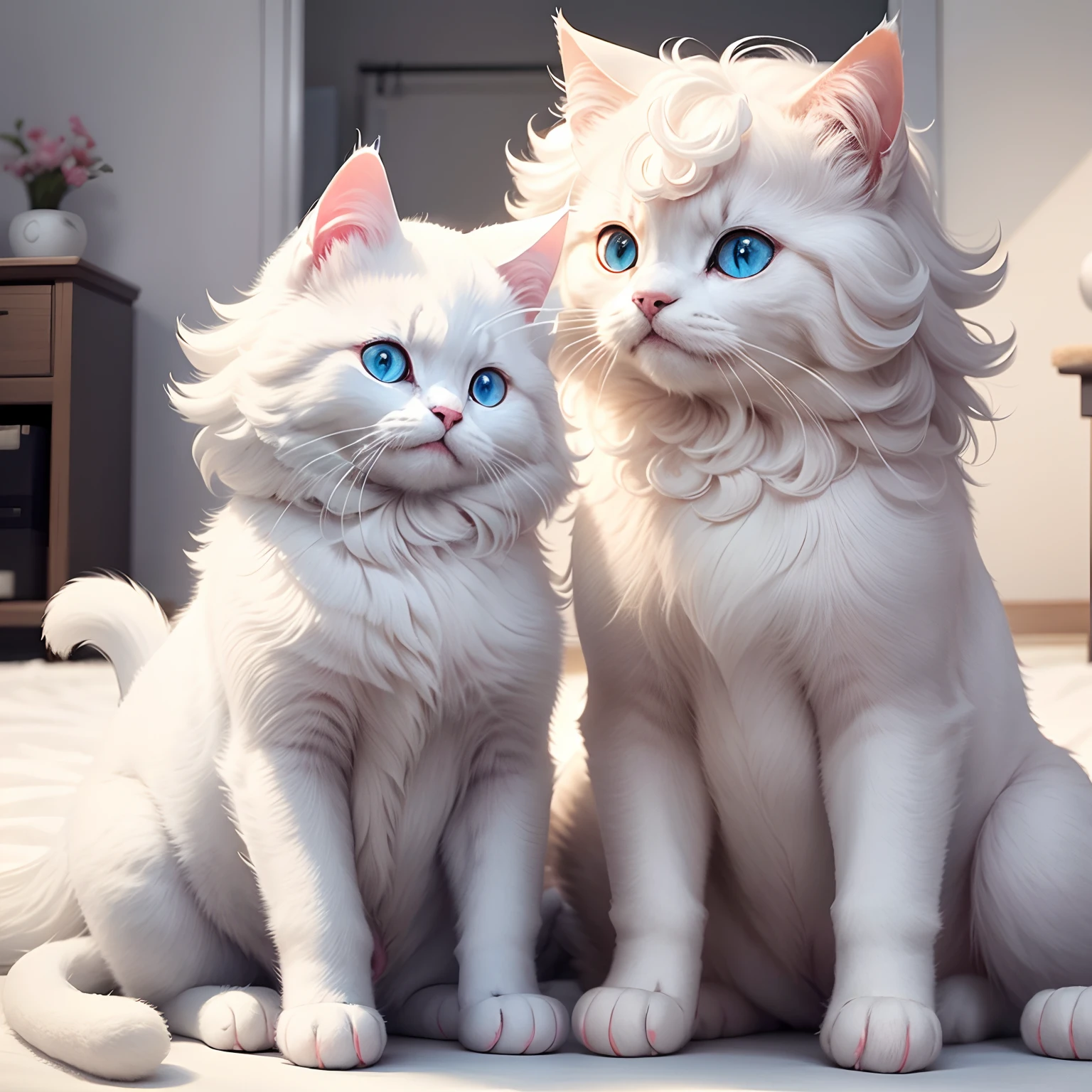 A cat and a dog with fluffy hair like cotton candy are playing in a white room、Cute