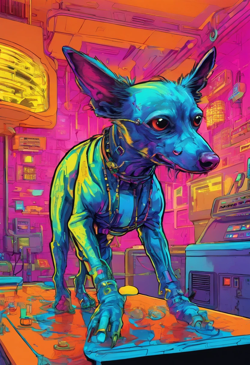 Make a Chinese crested dog, humanoid dog in a lab, ((experimenting a human:1.5)), humans in big tubes fillled with blue liquid