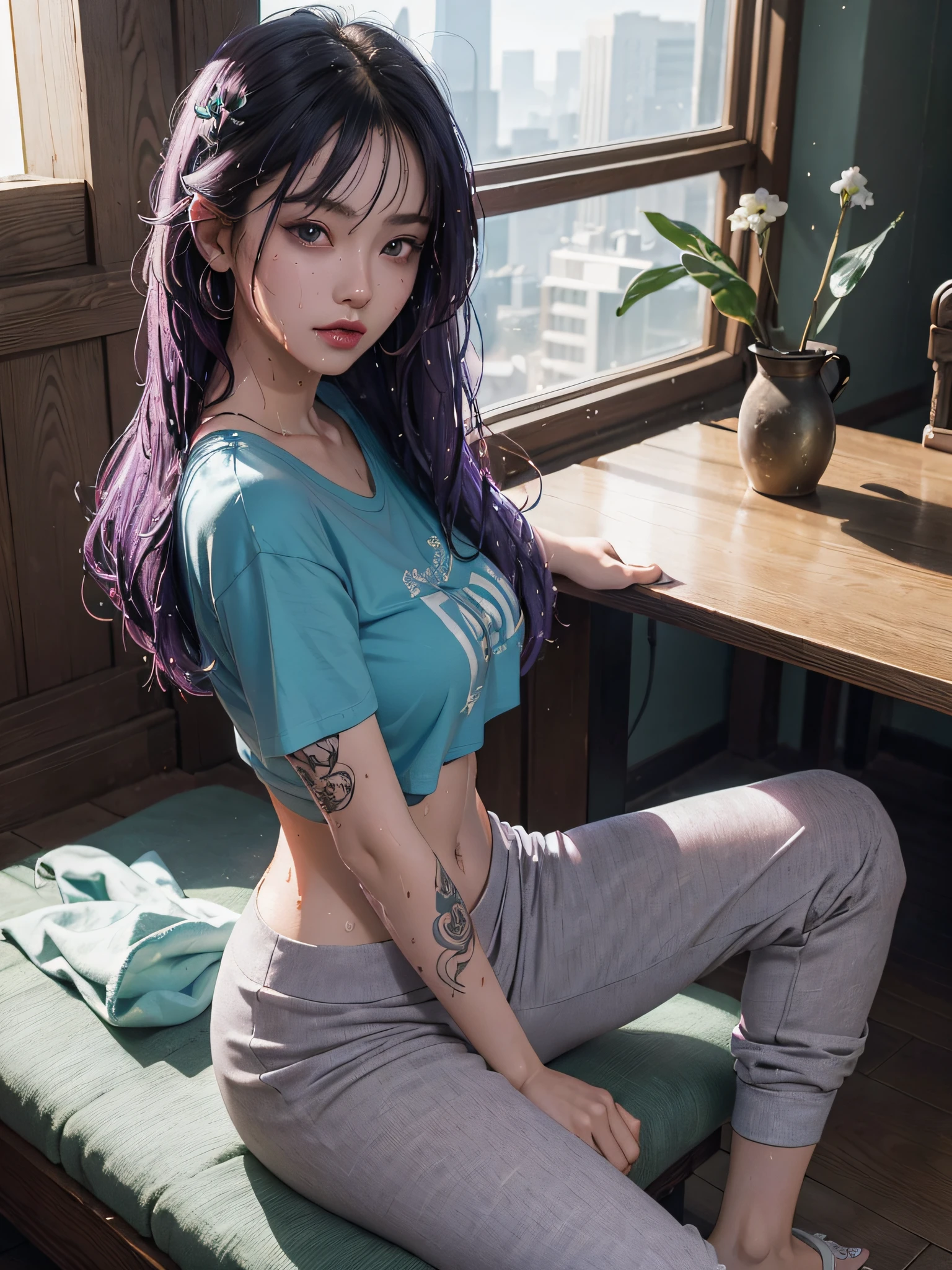 SeaArt Bot ,Upscaling 、RAW Photography、top-quality、masterpiece:1.2)、(realisitic、photoRealstic:1.37)、1girl in、Nepali、25-years old、femele、(deep in the night)、sunlights、a room、Daytime cityscape seen from the window、Studio Lighting、face lights、photon maping、Radio City、Purple hair、A detailed face、detailed lips、A detailed eye、More skin、二重まぶた、(Huge round:1.3)、((Exposure))、(T-shirt and joggers、Nepal)、(T-shirt)、(Wearing a T-shirt and joggers)、((no brassiere)))、Exposed cleavage、exposed shoulder、Thigh exposure、(camel's toe)、perfectbody、shinny skin、(Body wet with sweat:1.2)、smirking face、((sitting on))、Make eye contact with the camera、Lens blur for background camera、depth of fields、35 m、ultra-detailliert、ultra-quality、flawless、Anime tattoo on right hand、((Vintage style photography 1:1)),((NSFW 1:0)