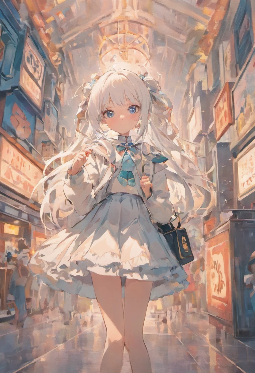 White hair,Lolita skirt, girl , white techwear open jacket , white long hair, ocean blue eyes, rabbit design bag , headset on neck , pose