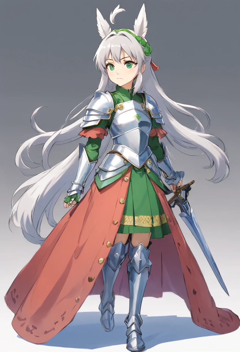 (8K,Best quality,style of anime),Ancient European realistic style armor,Silver-haired female knight,Green emerald pupils,High ponytail,Wearing silver-white armor,Delicate facial features,The drawing style is similar to that of characters in anime,boots,Gaiters,with a pure white background,Character design,quadratic element,Include a small amount of introductory text,Three views of people