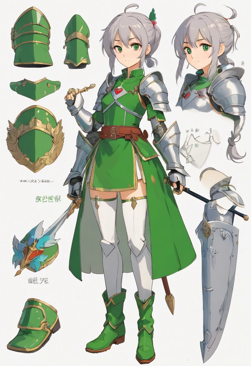 (8K,Best quality,style of anime),Ancient European realistic style armor,Silver-haired female knight,Green emerald pupils,High ponytail,Wearing silver-white armor,Delicate facial features,The drawing style is similar to that of characters in anime,boots,Gaiters,with a pure white background,Character design,quadratic element,Include a small amount of introductory text,Three views of people