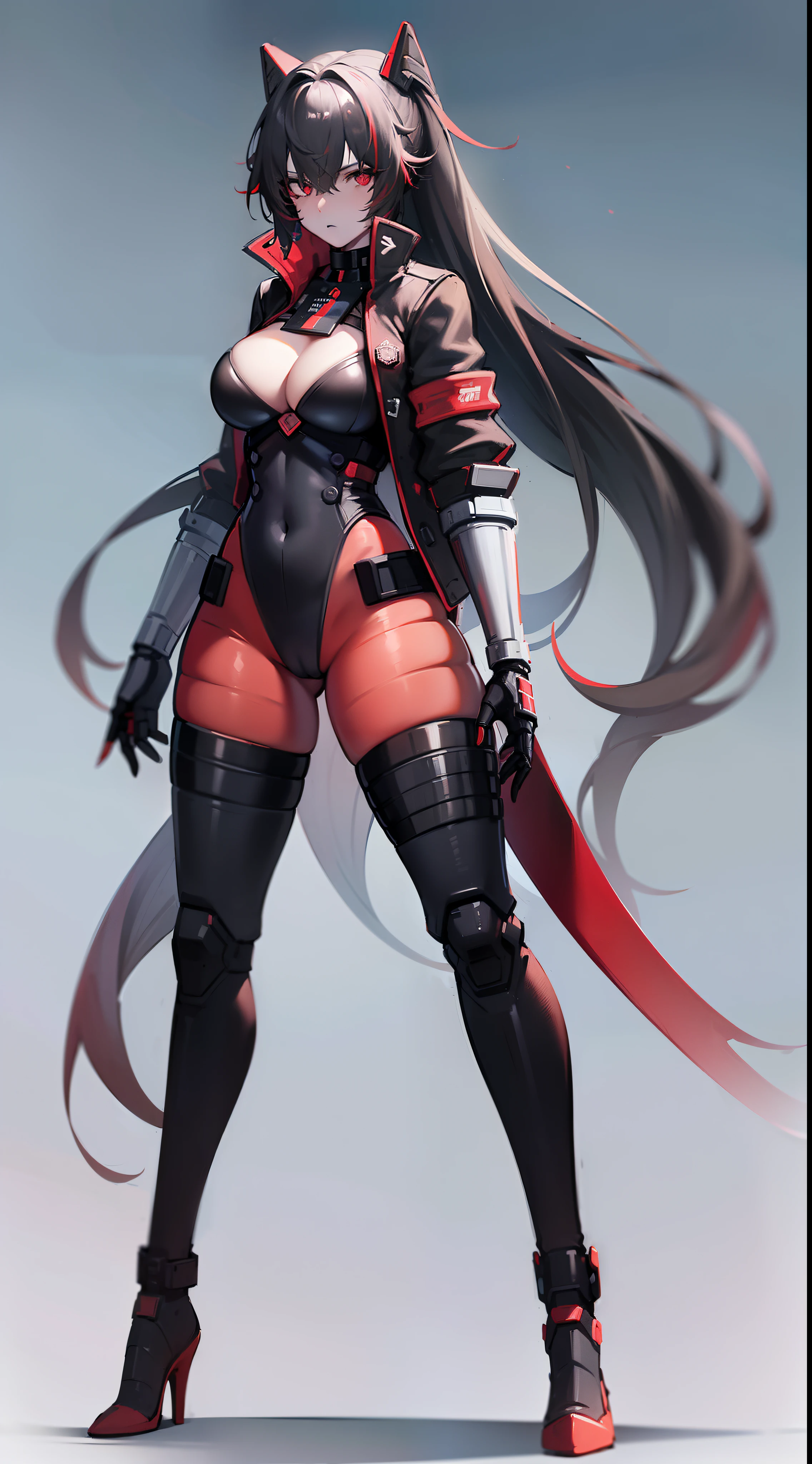 (best quality, masterpiece, anime) (solo) black hair, very long flowing hair, red eyes, thick thighs, huge breasts, muscular, athletic, full android body, (android mechanical arms:1.3), (android mechanical legs:1.2), (high-leg leotard:2.5, high-cut leg:2.7, one-piece:1.5, red:1.2, black:1.4, cleavage), (jacket, no sleeves, black:1.3, red:1.2), (pantyhose:1.1, black:1.1), gauntlet, toned body, 1 woman (age 30), sword hand, beautiful, sexy, lucia, Lucia_Crimson_Weave, redabyss,