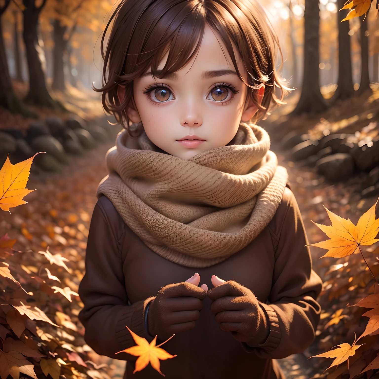 finest image, portrait, very cute girl, light brown glossy pixie cut, sparkling big eyes, scarf, gloves, fluffy sweater, background fallen leaves and chestnuts are covered with autumn leaves, professional lighting