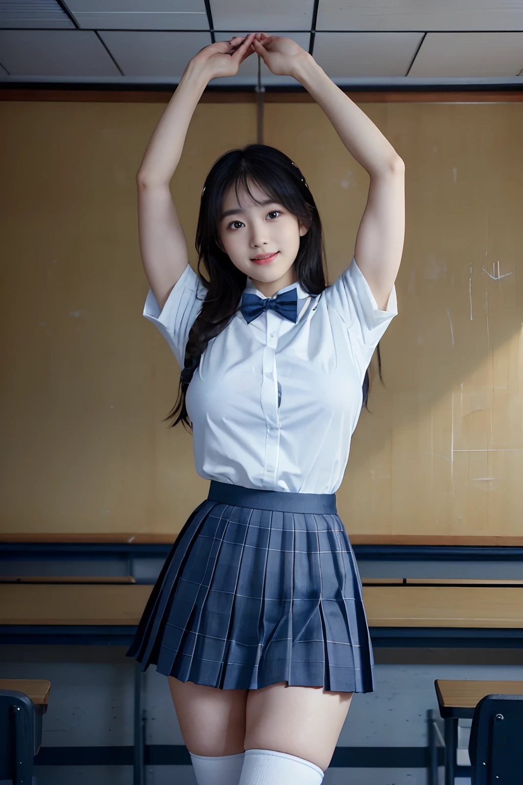 (Raw photography:1.5),(top-quality:1.5)、(masuter piece:1.5)、(hight resolution:1.5)、(Raw photography:1.5),(Photorealsitic:1.38)、(foco nítido:1.5)、
japanes、17 only、One girl、((Cowboy Shots:1.2)),((Body Like a Male Bodybuilder:1.8))、((Height enough to fit your head on the ceiling:1.8)),((Thick arms with sculpted muscles:1.28)),((long legged:1.4)),((Sculpted muscular thick thighs:1.65)),((large full breasts:1.2))、
((fair white skin))、
((Delicate and perfect beautiful face,beatiful detailed eyes、big eye、二重まぶた、Smiling))、
((Japan schoolgirl uniform、White short-sleeved shirt、a bow tie、Navy Blue Plaid Pleated Skirt、Dark blue high socks:1.2)),((hime-cut)),
((Stand with your arms and hands next to your body:1.2))、
((Classroom))、
looking at the viewers、Facing the audience,The dim、