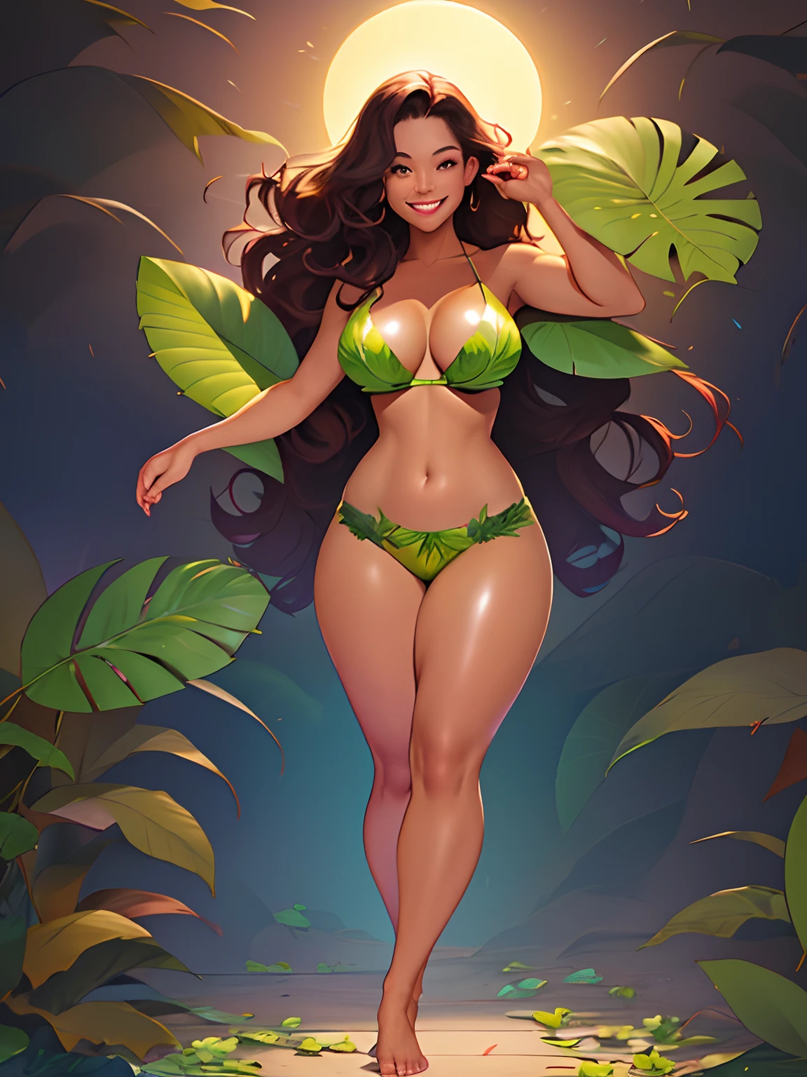 (shiny skin:1.2), thick thighs, tight body 8k, huge resolution, cleavage focus, sexual expression, leaf bra, (plant girl:1.2), nighttime, long hair styled in loose waves, smiling, cute smile, nip-slip, visible areolas, hard nipples, perky tits, full body view, bare feet, beautiful feet