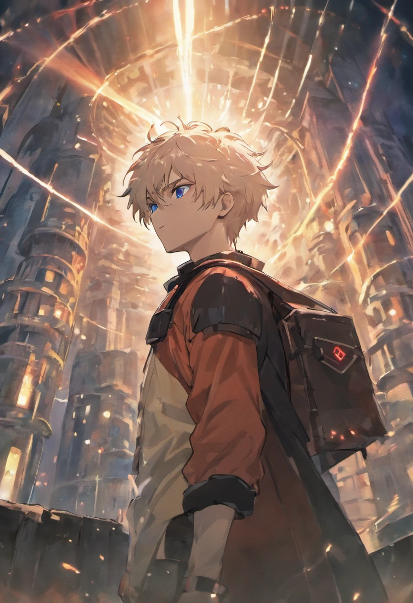 gojo satoru, jujutsu kaisen, anime, in the top of tower, amazing, focused, ray of light, blue eyes, white hair, black shirt, in the battlefield, powerfull magic aura, depth of field.