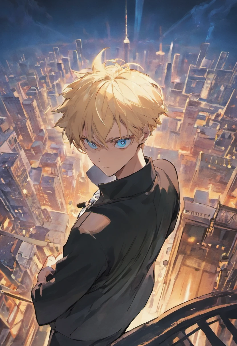 gojo satoru, jujutsu kaisen, anime, in the top of tower, amazing, focused, ray of light, blue eyes, white hair, black shirt, in the battlefield, powerfull magic aura, depth of field.