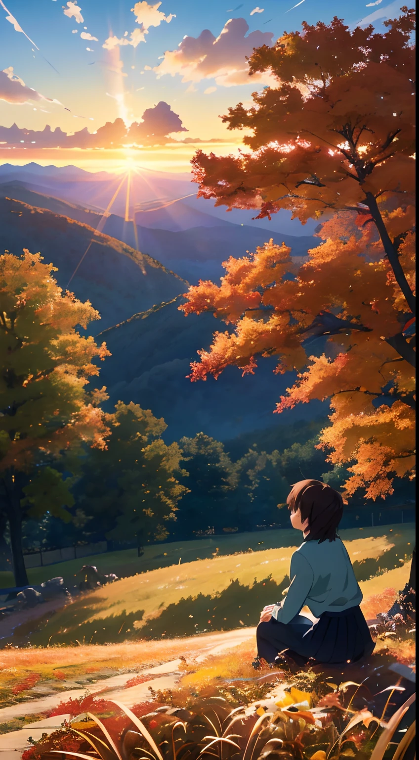 Makoto Shinkai、((A masterpiece)),((Highest quality)),、The anime、Autumn Sky、Arbre mort、feuilles mortes、1Femmes、Looking up at the autumn sky、automne、Beaux paysages、Beau ciel de coucher de soleil、The magic hour、Il y a un peu de vent、perspective、