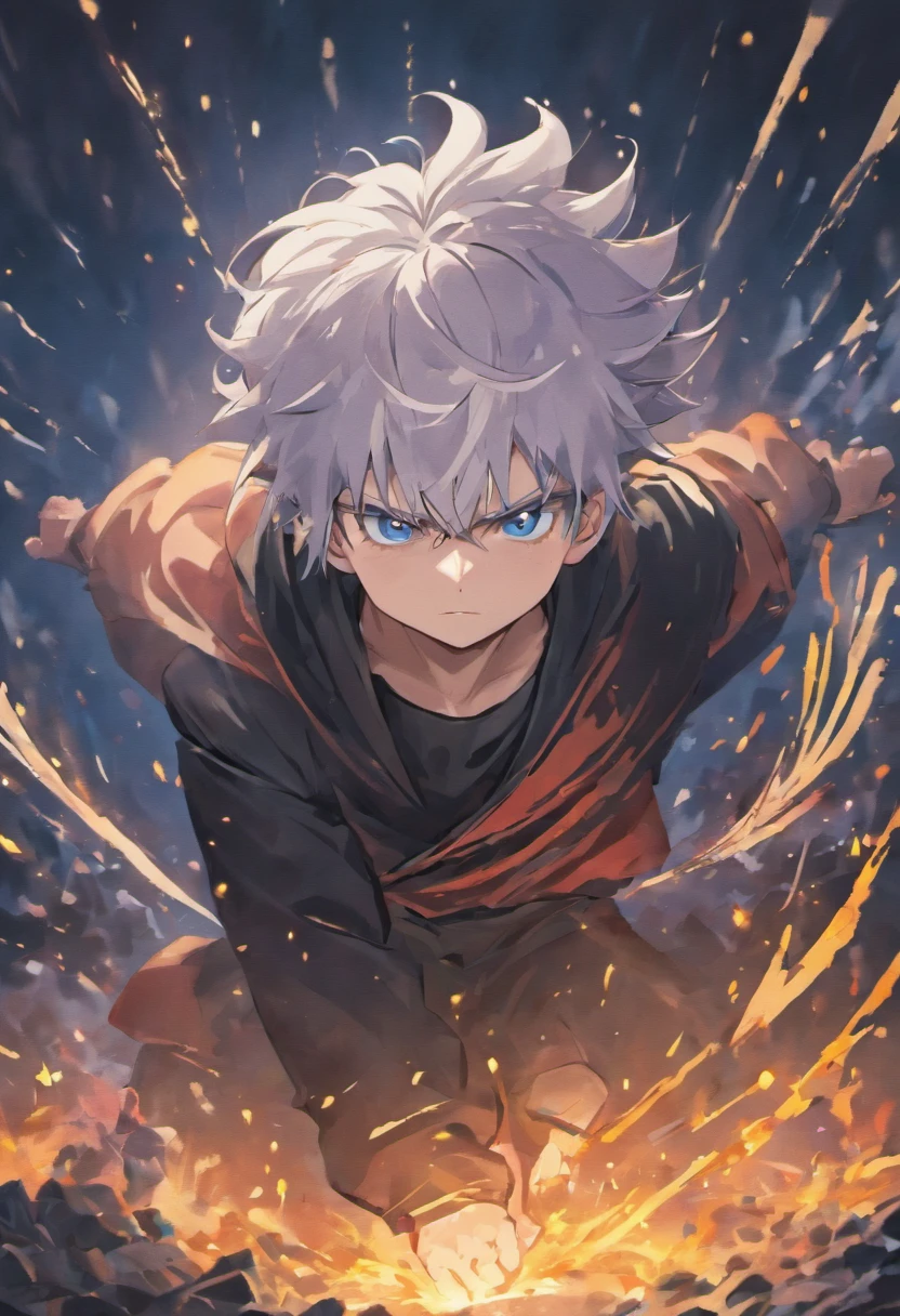 gojo satoru, jujutsu kaisen, anime, in the mountain, amazing, focused, ray of light, blue eyes, white hair, black shirt, in the battlefield, powerfull magic aura.