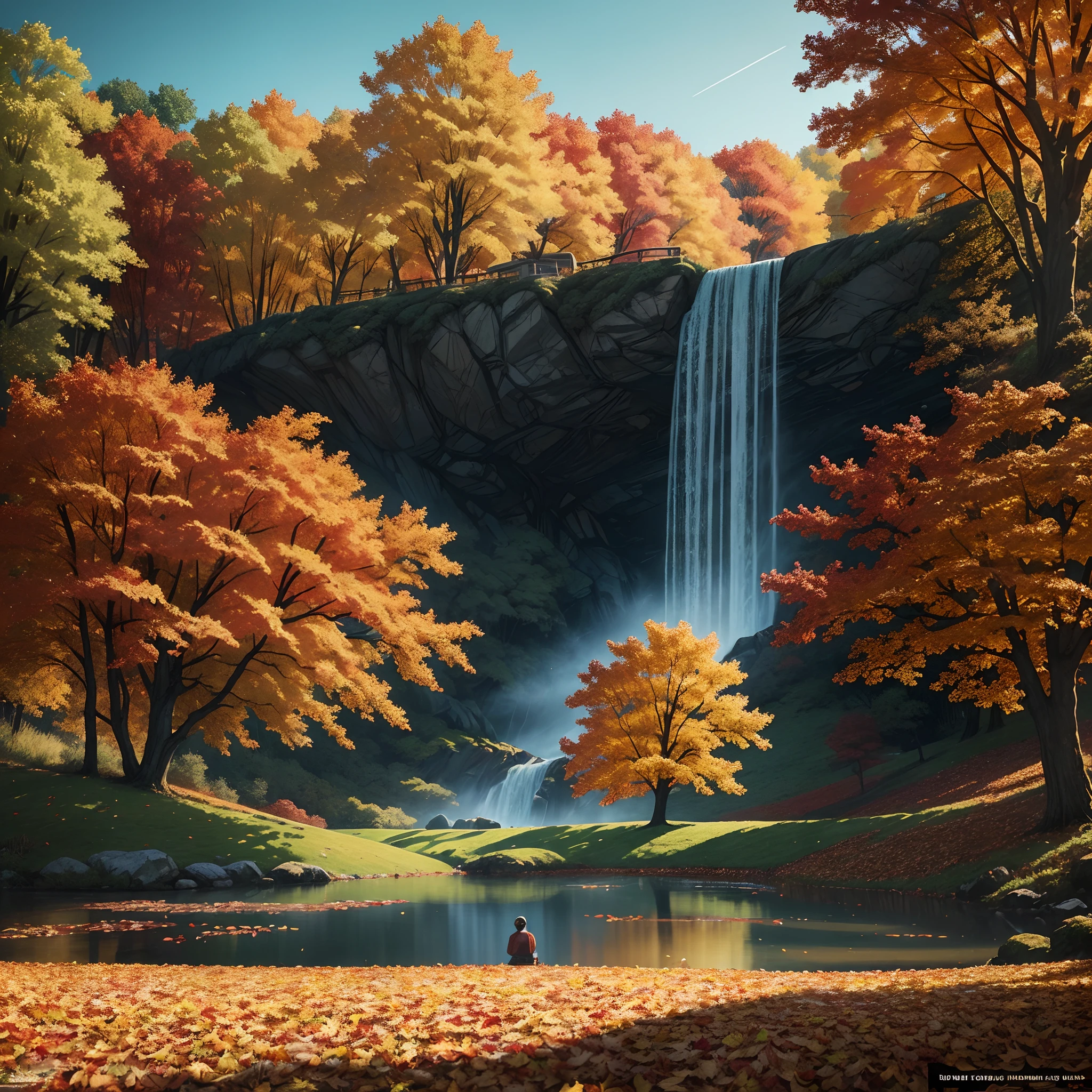 Produce a comic-style work of art that depicts the most stunning and serene autumn scenery. Prioritize intricate details in leaves, trees, and the general environment. Experiment with the dashboard layout to create a sense of wonder and nostalgia. Make the viewer feel like they are entering the scene. Artists: Frank Miller (for dynamic storytelling), Will Eisner (for narrative experimentation)