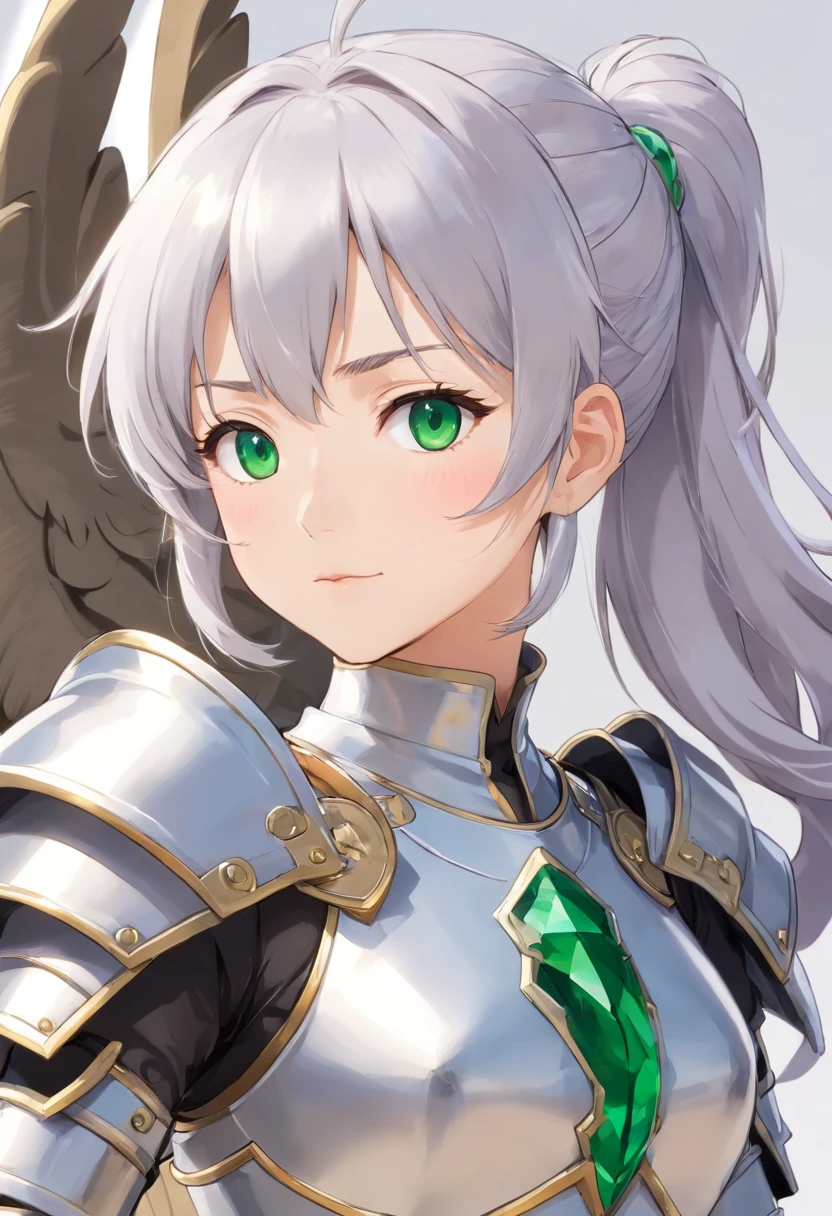 (8K,Best quality,style of anime),Ancient European realistic style armor,Silver-haired female knight,Green emerald pupils,High ponytail,Wearing silver-white armor,Delicate facial features,The drawing style is similar to that of characters in anime,Boots,Gaiters,with a pure white background,Character design,quadratic element,Include a small amount of introductory text,Three views of people