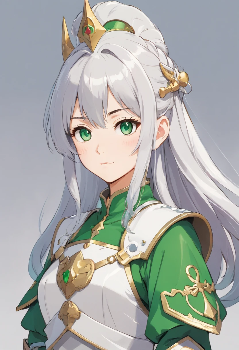 (8K,Best quality,style of anime),Ancient European realistic style armor,Silver-haired female knight,Green emerald pupils,High ponytail,Wearing silver-white armor,Delicate facial features,The drawing style is similar to that of characters in anime,Boots,Gaiters,with a pure white background,Character design,quadratic element,Include a small amount of introductory text,Three views of people