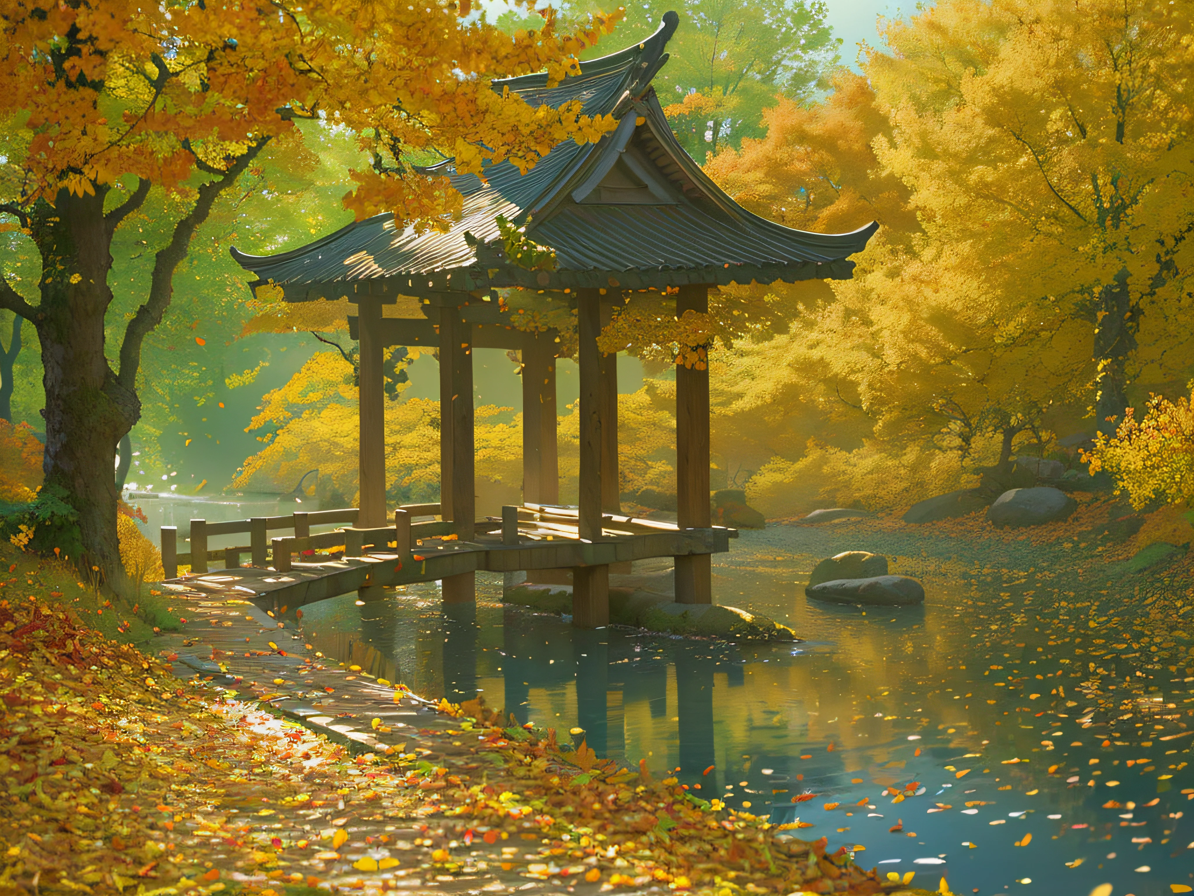 (best quality, 4k, 8k, highest, masterpiece:1.2), ultra-detailed, (realistic, photorealistic, photo-realistic:1.37), China Ink Art drawing, vibrant autumn scene, leaves, trees, crisp air, golden sunlight, floating leaves, falling leaves, swirling wind, dappled sunlight through the trees, reflection in a calm lake, rustic wooden bridge, a path covered with fallen leaves, breathtaking landscape, tranquility, nature's palette, peaceful, serene, autumn bliss, hint of nostalgia, warm shades of red, orange, and yellow, cool blue sky, soft rays of sunlight, whispering wind, autumn festival, celebrating the harvest, smell of bonfires, family gathering, crimson maple trees, autumnal hues, tranquil lake, enchanting scenery, autumn leaves carpeting the ground, fallen leaves crunching underfoot, autumn foliage, tree-lined path, autumn mist, golden hour, autumnal glow, crackling leaves, tranquil ambiance, Autumn Serenade.