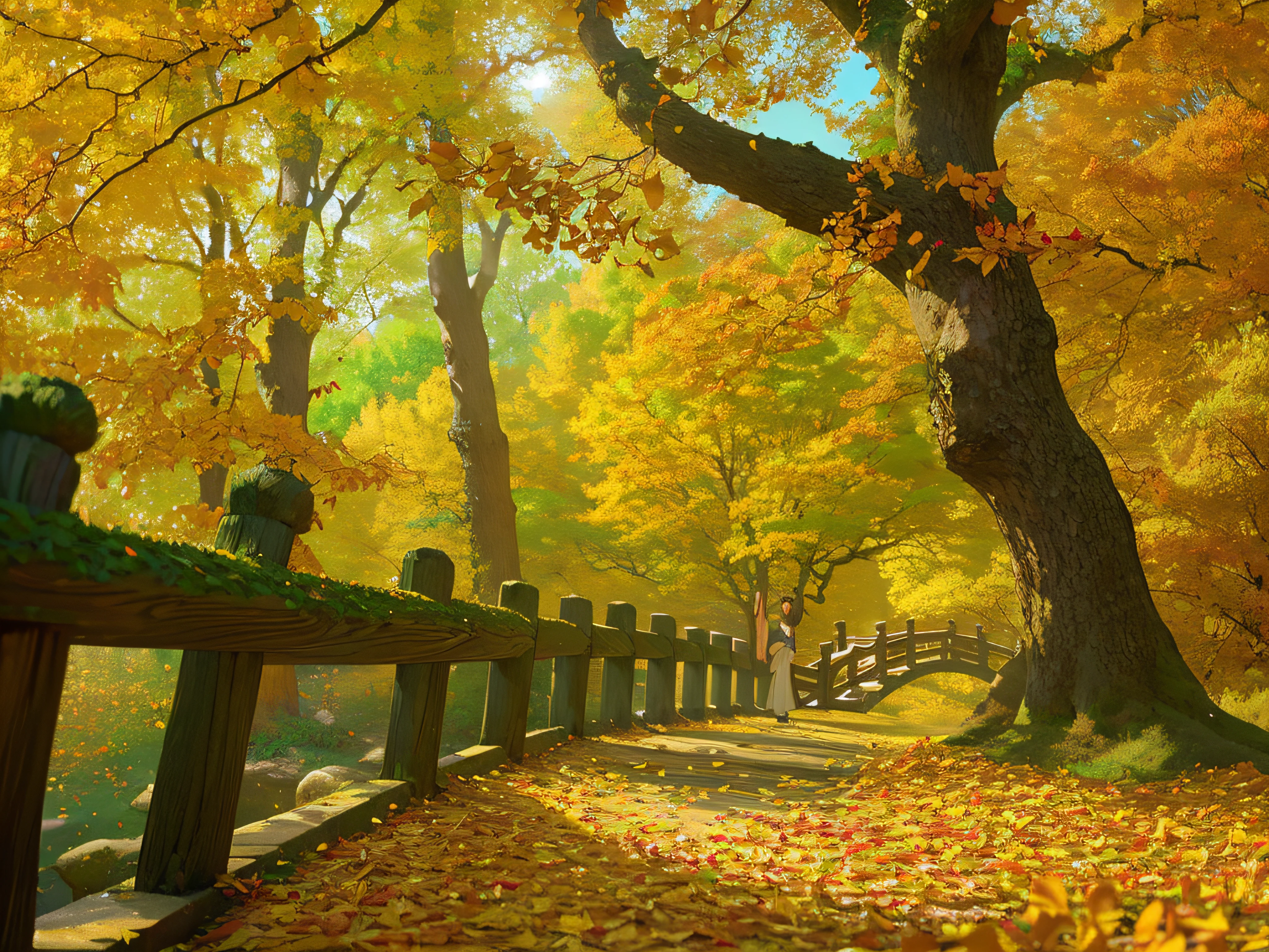 (best quality, 4k, 8k, highest, masterpiece:1.2), ultra-detailed, (realistic, photorealistic, photo-realistic:1.37), China Ink Art drawing, vibrant autumn scene, leaves, trees, crisp air, golden sunlight, floating leaves, falling leaves, swirling wind, dappled sunlight through the trees, reflection in a calm lake, rustic wooden bridge, a path covered with fallen leaves, breathtaking landscape, tranquility, nature's palette, peaceful, serene, autumn bliss, hint of nostalgia, warm shades of red, orange, and yellow, cool blue sky, soft rays of sunlight, whispering wind, autumn festival, celebrating the harvest, smell of bonfires, family gathering, crimson maple trees, autumnal hues, tranquil lake, enchanting scenery, autumn leaves carpeting the ground, fallen leaves crunching underfoot, autumn foliage, tree-lined path, autumn mist, golden hour, autumnal glow, crackling leaves, tranquil ambiance, Autumn Serenade.