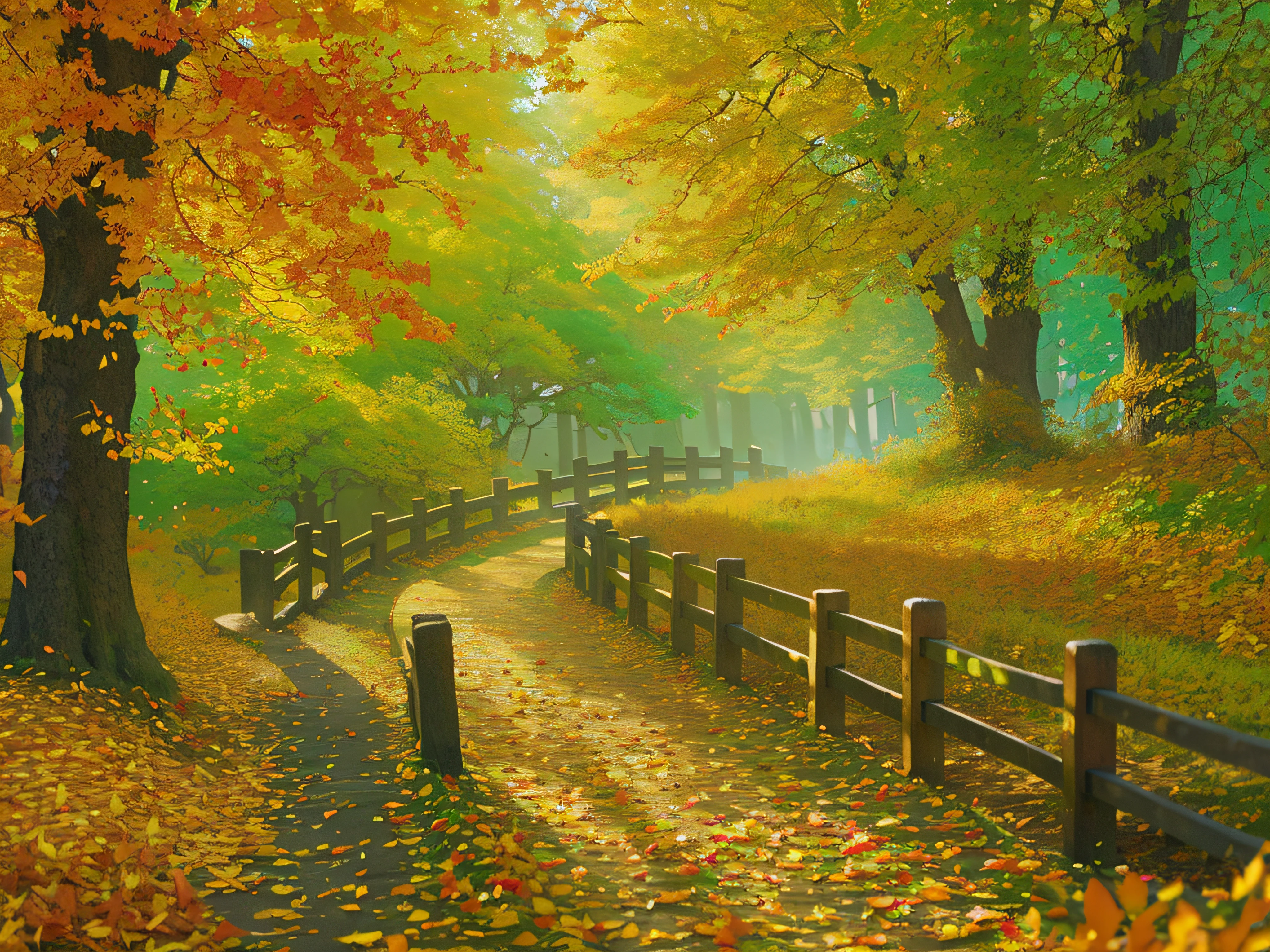 (best quality, 4k, 8k, highest, masterpiece:1.2), ultra-detailed, (realistic, photorealistic, photo-realistic:1.37), China Ink Art drawing, vibrant autumn scene, leaves, trees, crisp air, golden sunlight, floating leaves, falling leaves, swirling wind, dappled sunlight through the trees, reflection in a calm lake, rustic wooden bridge, a path covered with fallen leaves, breathtaking landscape, tranquility, nature's palette, peaceful, serene, autumn bliss, hint of nostalgia, warm shades of red, orange, and yellow, cool blue sky, soft rays of sunlight, whispering wind, autumn festival, celebrating the harvest, smell of bonfires, family gathering, crimson maple trees, autumnal hues, tranquil lake, enchanting scenery, autumn leaves carpeting the ground, fallen leaves crunching underfoot, autumn foliage, tree-lined path, autumn mist, golden hour, autumnal glow, crackling leaves, tranquil ambiance, Autumn Serenade.