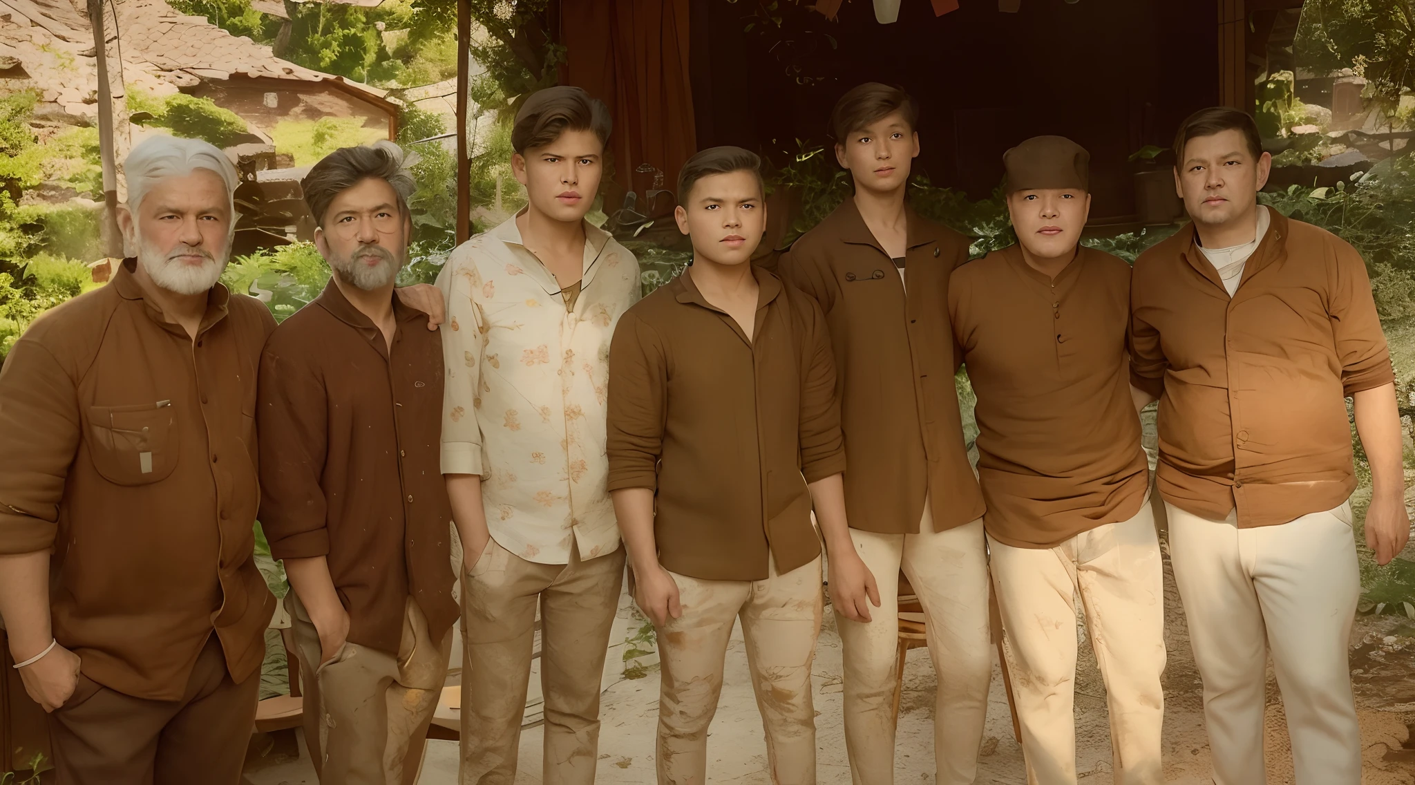 traditional boys, oil painting, serene expressions, vintage fashion, old house in the background, warm color scheme, soft lighting, intricate details, realistic textures, high-res, aged paper texture, nostalgic ambiance, peaceful atmosphere, wooden furniture, timeless poses, classic style, heritage, cultural heritage, traditional values, classic portraiture, old-world charm, stoic gaze