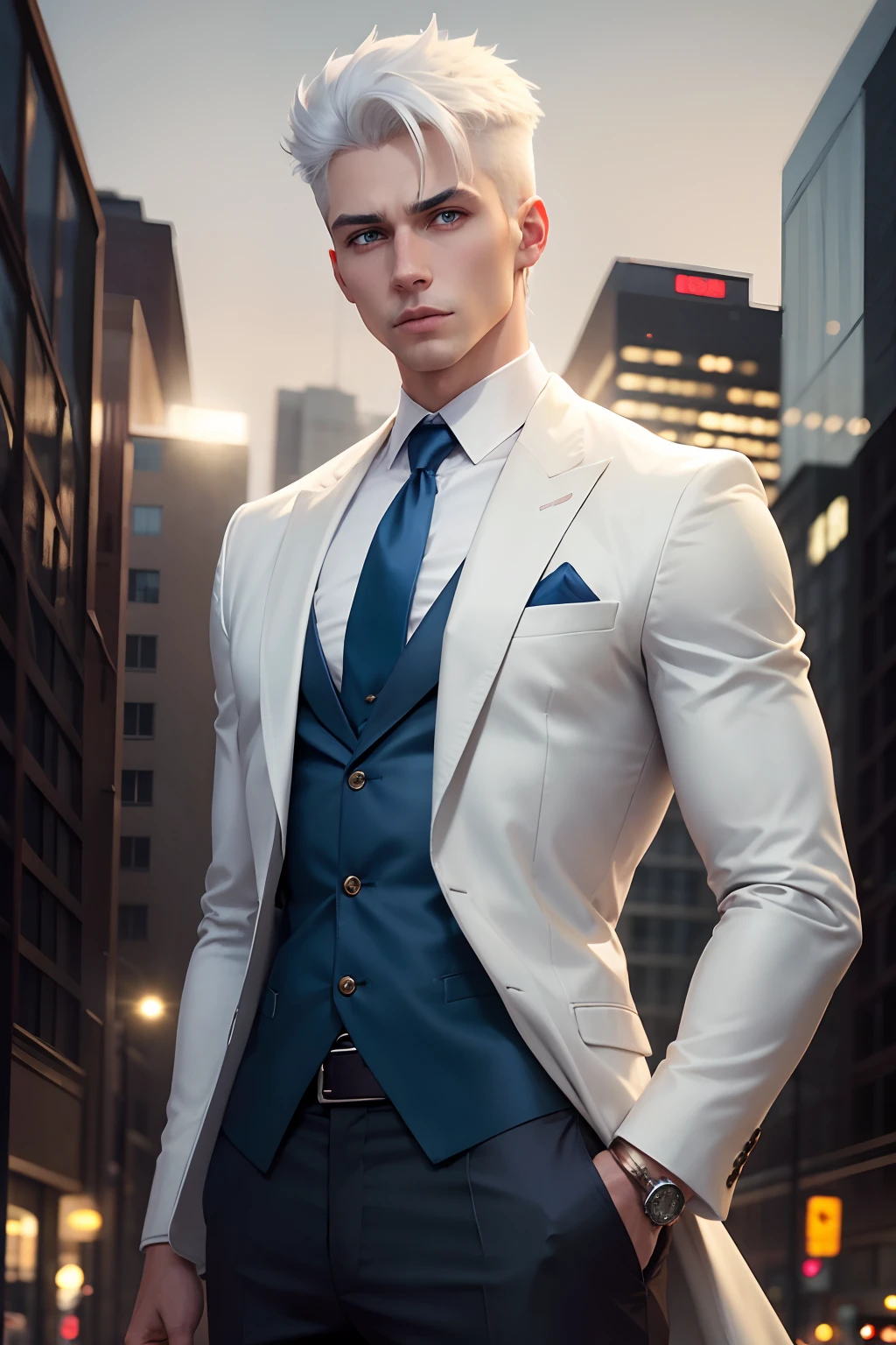 1man, white hair, height, Men's office clothes, blue eye color slightly to the ease, high quality, background night city, Gold watch