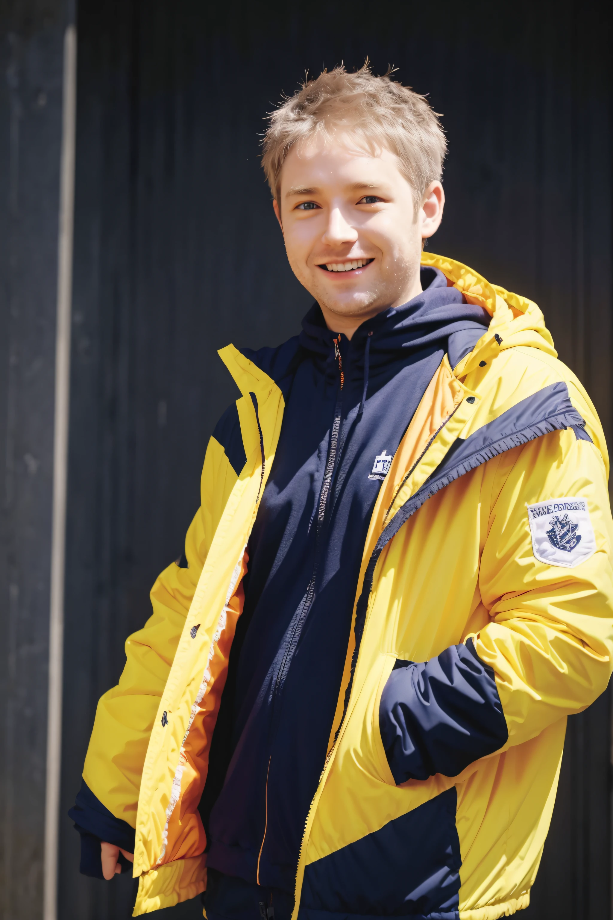 Invite 5:
NathanLeserman, in his winter jacket, is held at the entrance of the school, Welcoming students upon arrival. Des flocons de neige tombent doucement autour de lui, and children's laughter fills the air. A haunting orange glow sets the mood, Focus on white snowflakes, le bleu marine de la veste de Nathan, The yellow of the school bus, and the red of the school flag.
