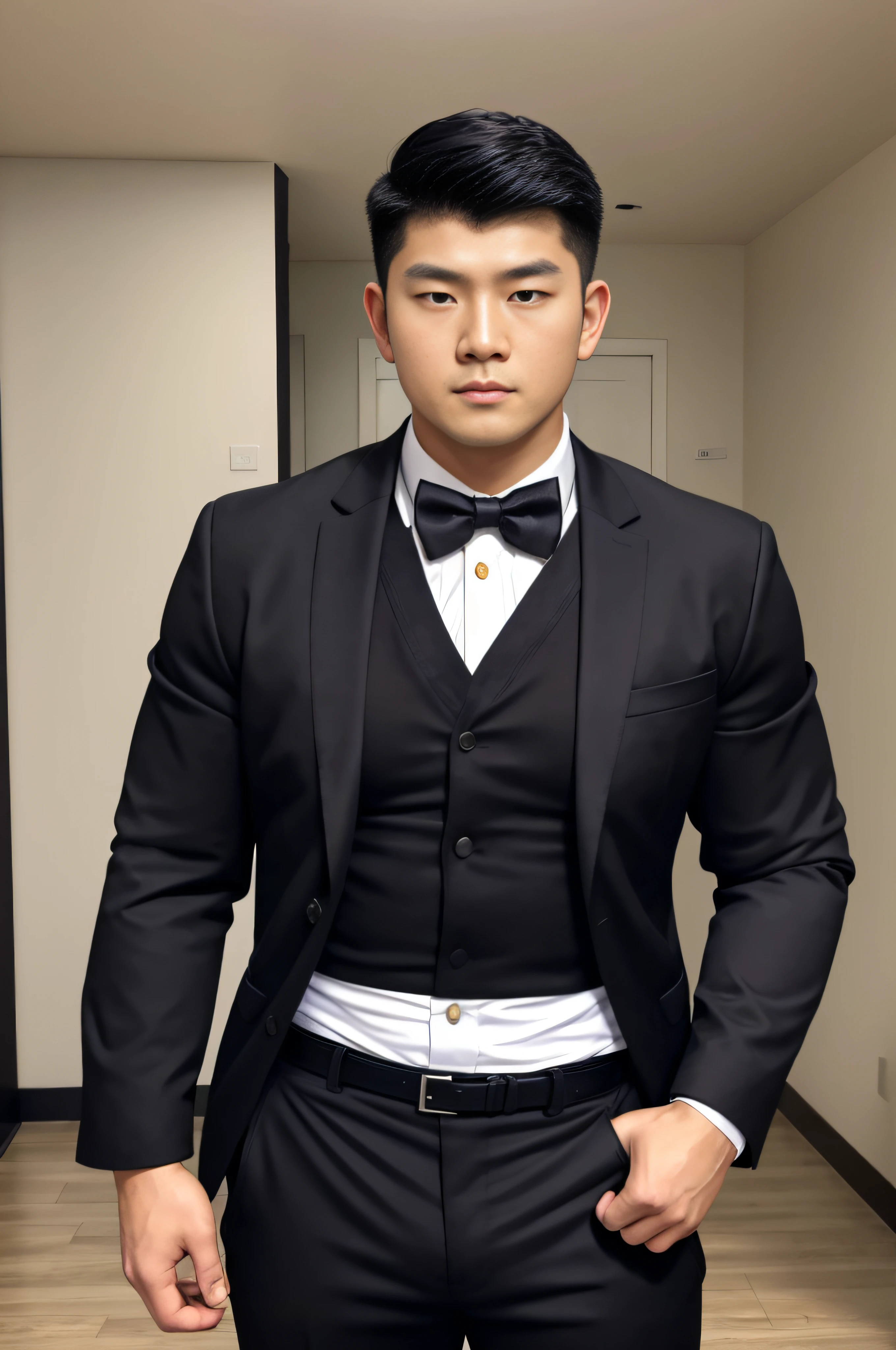 Best quality, Masterpiece, 超高分辨率, Photorealistic:1.4, 1boys, Light and shadow, 1boys,Korean men, Male focus, Solo, formal, with short black hair, neck bowtie, shirt, suit, belt, Pants, Black pants, Black suit, White shirt, Indoors, hand in own hair, Jacket, a black bowtie, Long sleeves, Black belt, Collared shirt, Cowboy shot,
