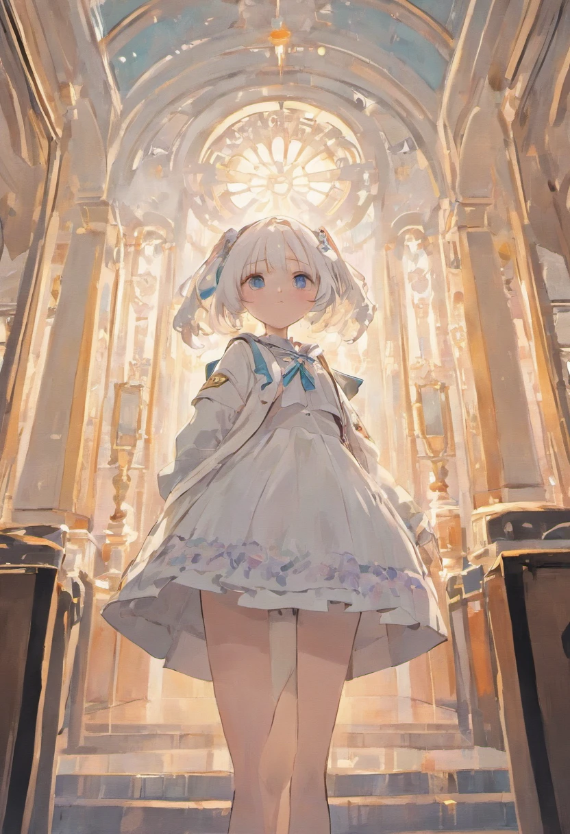 White hair,Lolita skirt, little girl , white techwear open jacket , white long hair, ocean blue eyes, rabbit design bag , headset on neck , library