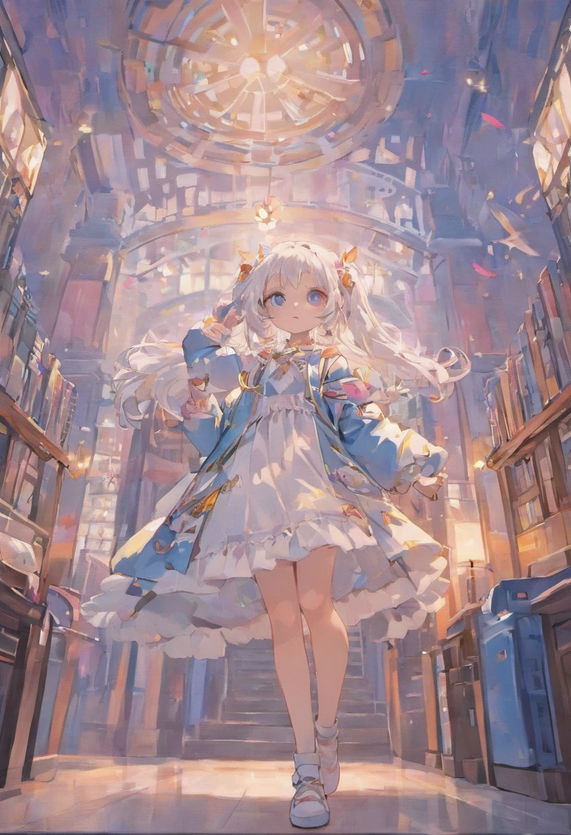White hair，Lolita skirt,  girl , white techwear open jacket , white long hair, ocean blue eyes, rabbit design bag , headset on neck , library
