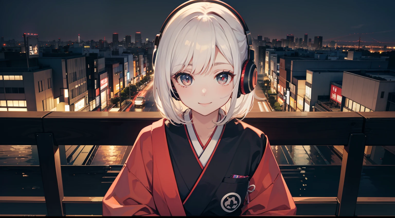 Red LED Female Illustration Profile,Hairstyle Short Bob,White hair,Wear overhead headphones, A smile、front-facing view, Background of Japan in Tokyo, natta,night scene,Provector, high detailing, Vibrant, Japan hologram symbol, Barcode Design, 4K, nffsw, masutepiece,Sitting on the guardrail
