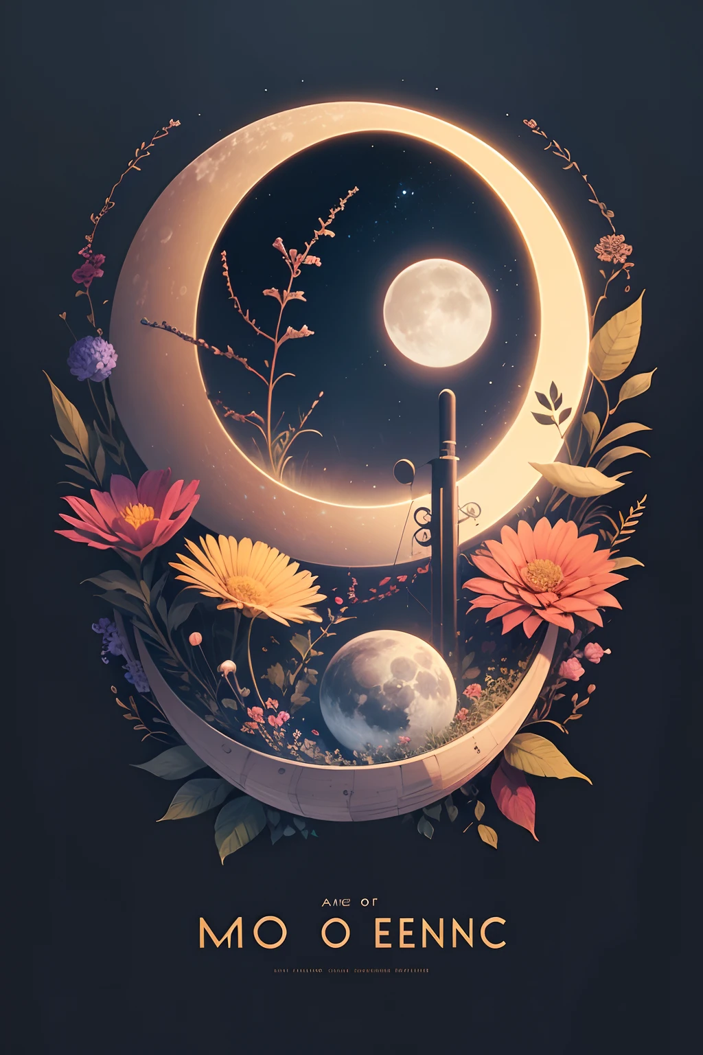 sense of science and technology,Moon,Musical elements,Poster cover,Flowers,2D illustration