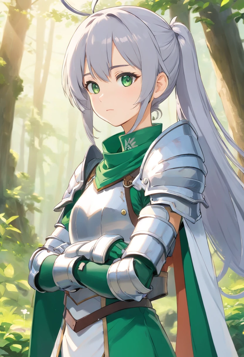 （8K，Best quality，style of anime），Ancient European realistic style armor，Silver-haired female knight，Green emerald pupils，High ponytail，Wearing silver-white armor，Delicate facial features，The drawing style is similar to that of characters in anime，Boots，Gaiters，with a pure white background，Character design，quadratic element，Include a small amount of introductory text，Three views of people