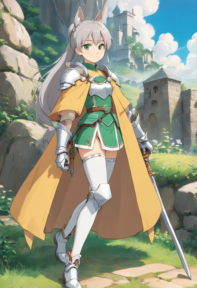 (8K,Best quality,style of anime),Ancient European realistic style armor,Silver-haired female knight,Green emerald pupils,High ponytail,Wearing silver-white armor,Delicate facial features,The drawing style is similar to that of characters in anime,Boots,Gaiters,with a pure white background,Character design,quadratic element,Include a small amount of introductory text,Three views of people