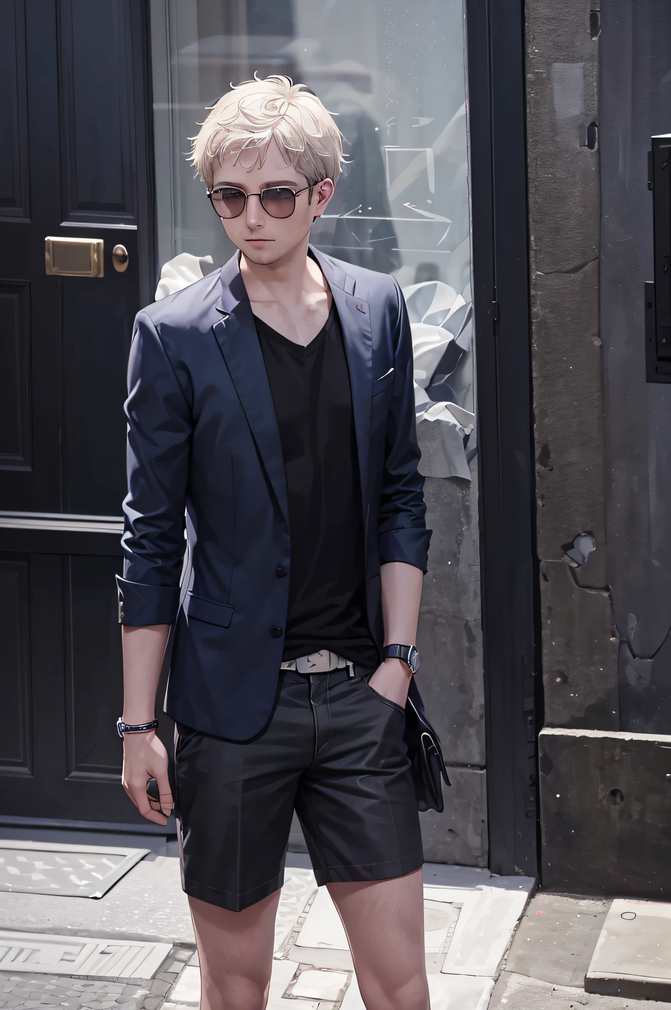 NathanLeserman, standing on a cobblestone street in Zurich, gazes intently at a Swiss watch store's window display. The summer sun casts a warm glow, reflecting off the pristine glass and illuminating the intricate designs of the timepieces. His attire, a light linen shirt and tailored shorts, contrasts beautifully with the deep blue of the evening sky. A subtle green glow effect surrounds the watch he's most drawn to, making it stand out even more.