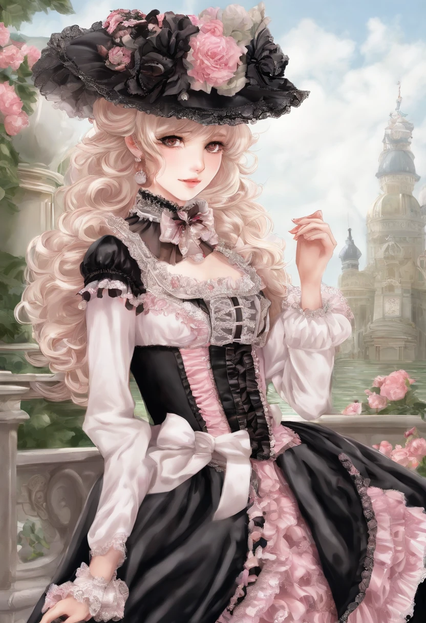 Arafe in a pink and black dress and hat, Takanobu Fujiwara(Takanobu Fujiwara)Digital rendering inspired by, pixiv, rococo, Victoria Gothic Lolita Fashion, Lolita Style, Rococo Queen (Rococo Queen) (Rococo Queen (Rococo Queen)) (Rococo Queen (Rococo Queen) (Rococo Queen (Rococo Queen))), gothic maiden anime girl, rococo dress, anime girl in a maid costume, lolita fashion, Catboy's cosplay! Maid! one-piece