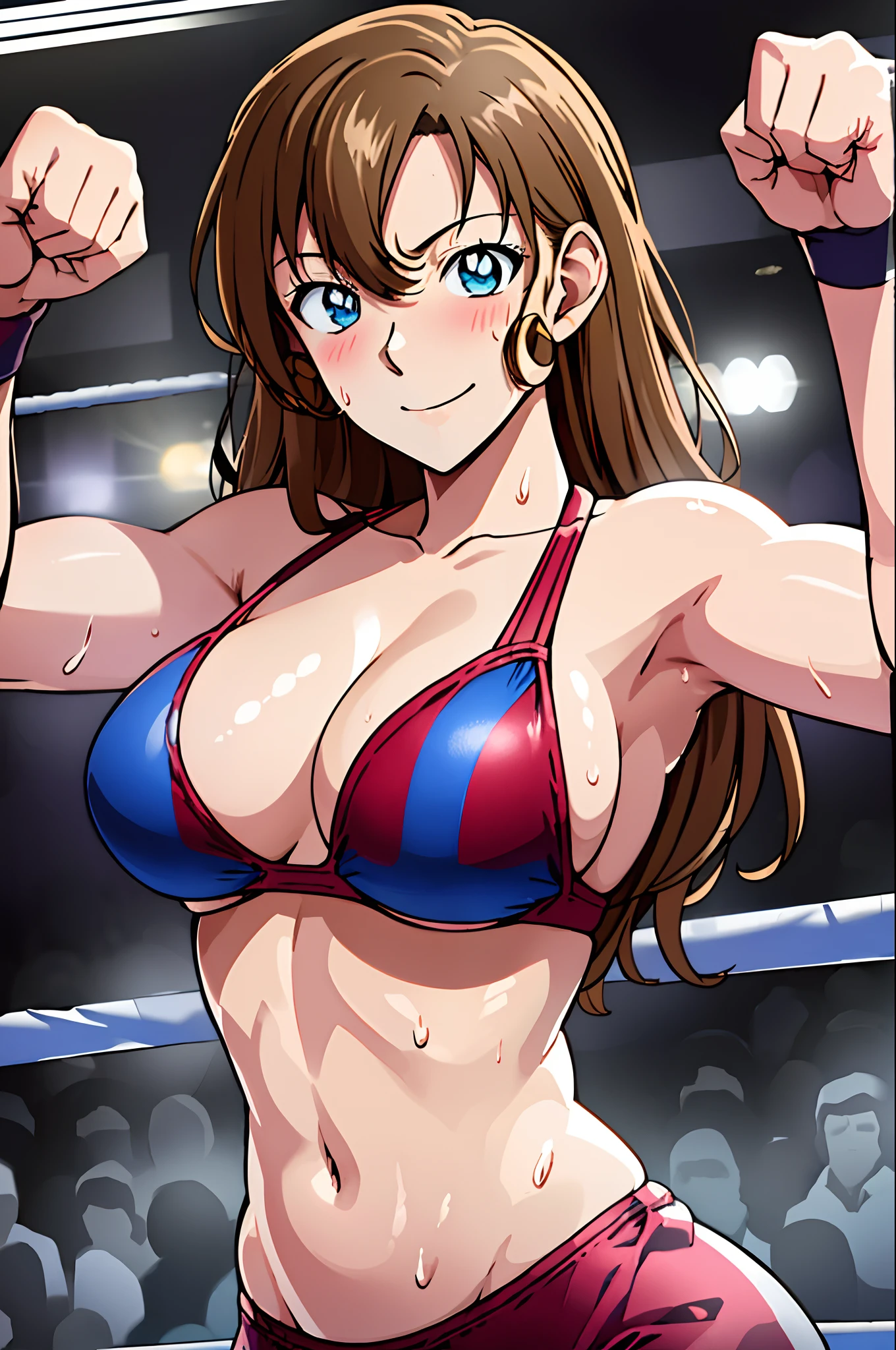 poster, anime style, hires ((wrestling ground)),  (female wrestler), (slender body, sweating, tired), mature woman, milf, (bikini, ultra detailed pro wrestling gear) victorious, gorgeous, winner, kind face, smile, closed mouth, (pale skin, shiny skin, lighting and shadow), big breasts, (only one arm stretching), long belly, closed fists, seductive,