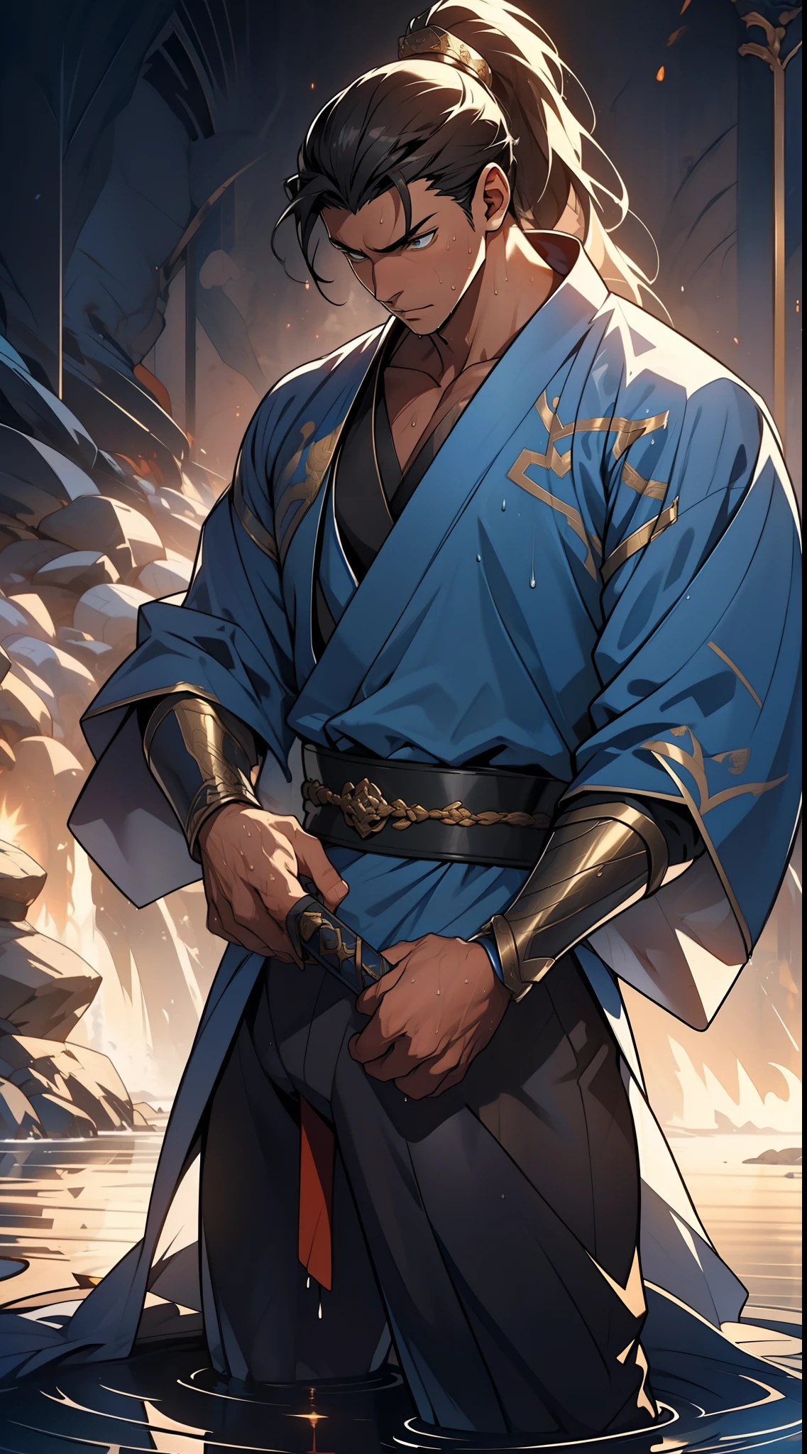 quadratic element,style of anime,mtu(Male Warrior),The proportions are correct,Face details,swordsmen,High ponytail hairstyle,Neck details,There is an Adam's apple,Blue suit,kaftan,long blue robes,clothes details,Handing over,longer sleeves,Game quality,Swordsmanship,Light and shadow tracking,Ray traching,detailed glow,cg render,hair detail,Black long hair,blue colored eyes,Handsome,Handsome,(juvenile sense),Clothing is complicated,Perfectcomposition,Refinement,high qulity,higher details,Lots of details,The background is complex,a sense of atmosphere, 1 man,is shy,Pee on the legs,pissing,Urine runs down the thighs,embarressed,exhilarated,is shocked,panicking,worry,A small puddle of their own urine forms around the feet,full bodyesbian,kneels on the ground,Very eager to pee,It's uncomfortable,Wet yourself,Urine discharge, Sweaty crotch,Drenched,