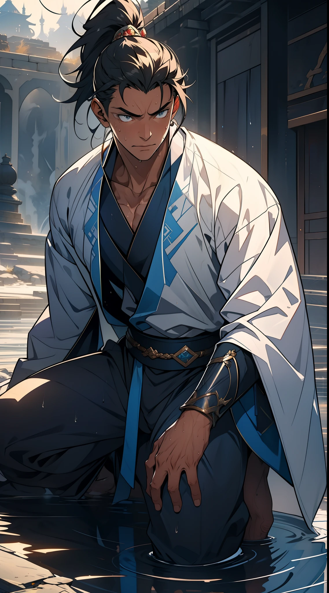 quadratic element,style of anime,mtu(Male Warrior),The proportions are correct,Face details,swordsmen,High ponytail hairstyle,Neck details,There is an Adam's apple,Blue suit,kaftan,long blue robes,clothes details,Handing over,longer sleeves,Game quality,Swordsmanship,Light and shadow tracking,Ray traching,detailed glow,cg render,hair detail,Black long hair,blue colored eyes,Handsome,Handsome,(juvenile sense),Clothing is complicated,Perfectcomposition,Refinement,high qulity,higher details,Lots of details,The background is complex,a sense of atmosphere, 1 man,is shy,Pee on the legs,pissing,Urine runs down the thighs,embarressed,exhilarated,is shocked,panicking,worry,A small puddle of their own urine forms around the feet,full bodyesbian,kneels on the ground,Very eager to pee,It's uncomfortable,Wet yourself,Urine discharge, Sweaty crotch,Drenched,