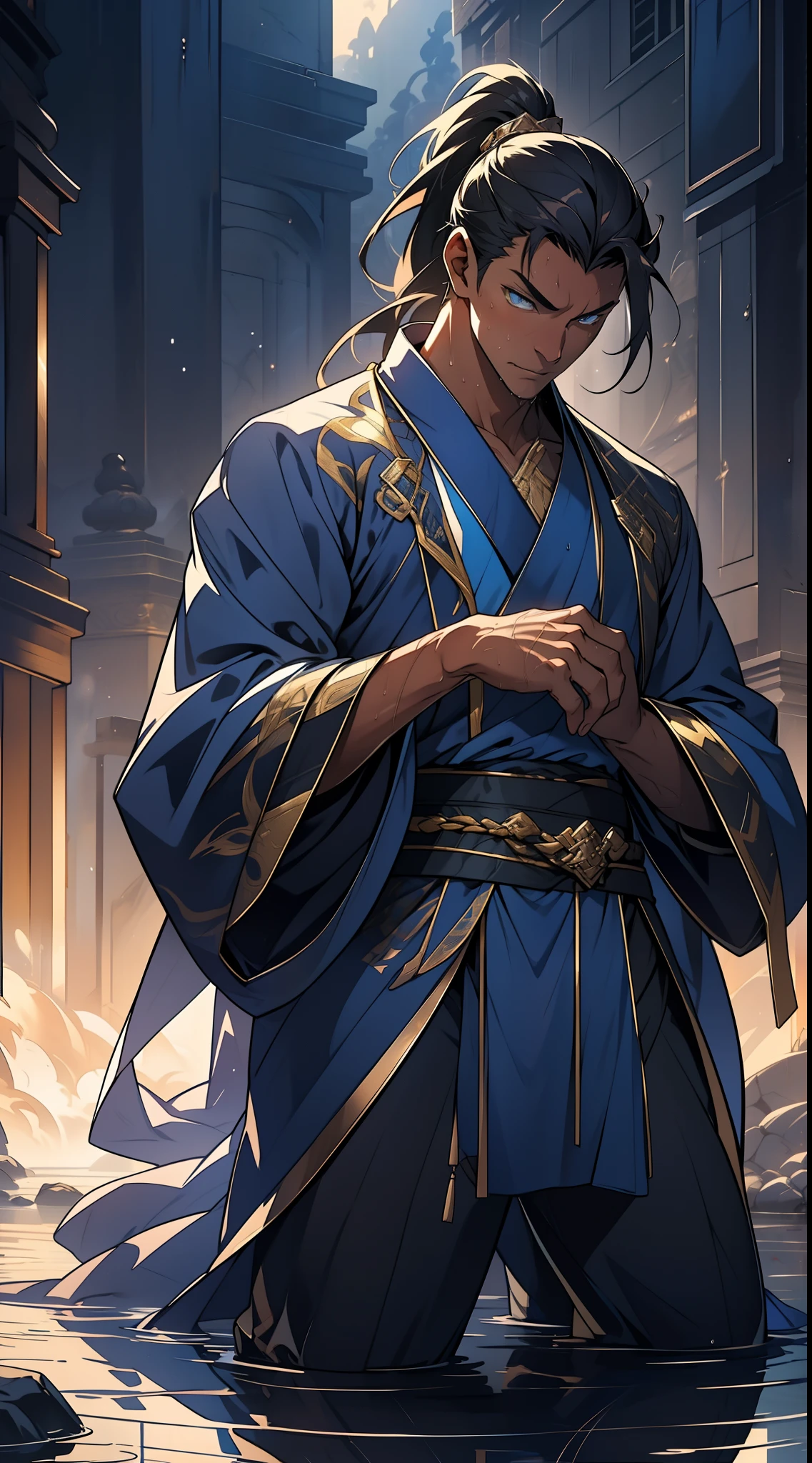 quadratic element,style of anime,mtu(Male Warrior),The proportions are correct,Face details,swordsmen,High ponytail hairstyle,Neck details,There is an Adam's apple,Blue suit,kaftan,long blue robes,clothes details,Handing over,longer sleeves,Game quality,Swordsmanship,Light and shadow tracking,Ray traching,detailed glow,cg render,hair detail,Black long hair,blue colored eyes,Handsome,Handsome,(juvenile sense),Clothing is complicated,Perfectcomposition,Refinement,high qulity,higher details,Lots of details,The background is complex,a sense of atmosphere, 1 man,is shy,Pee on the legs,pissing,Urine runs down the thighs,embarressed,exhilarated,is shocked,panicking,worry,A small puddle of their own urine forms around the feet,full bodyesbian,kneels on the ground,Very eager to pee,It's uncomfortable,Wet yourself,Urine discharge, Sweaty crotch,Drenched,