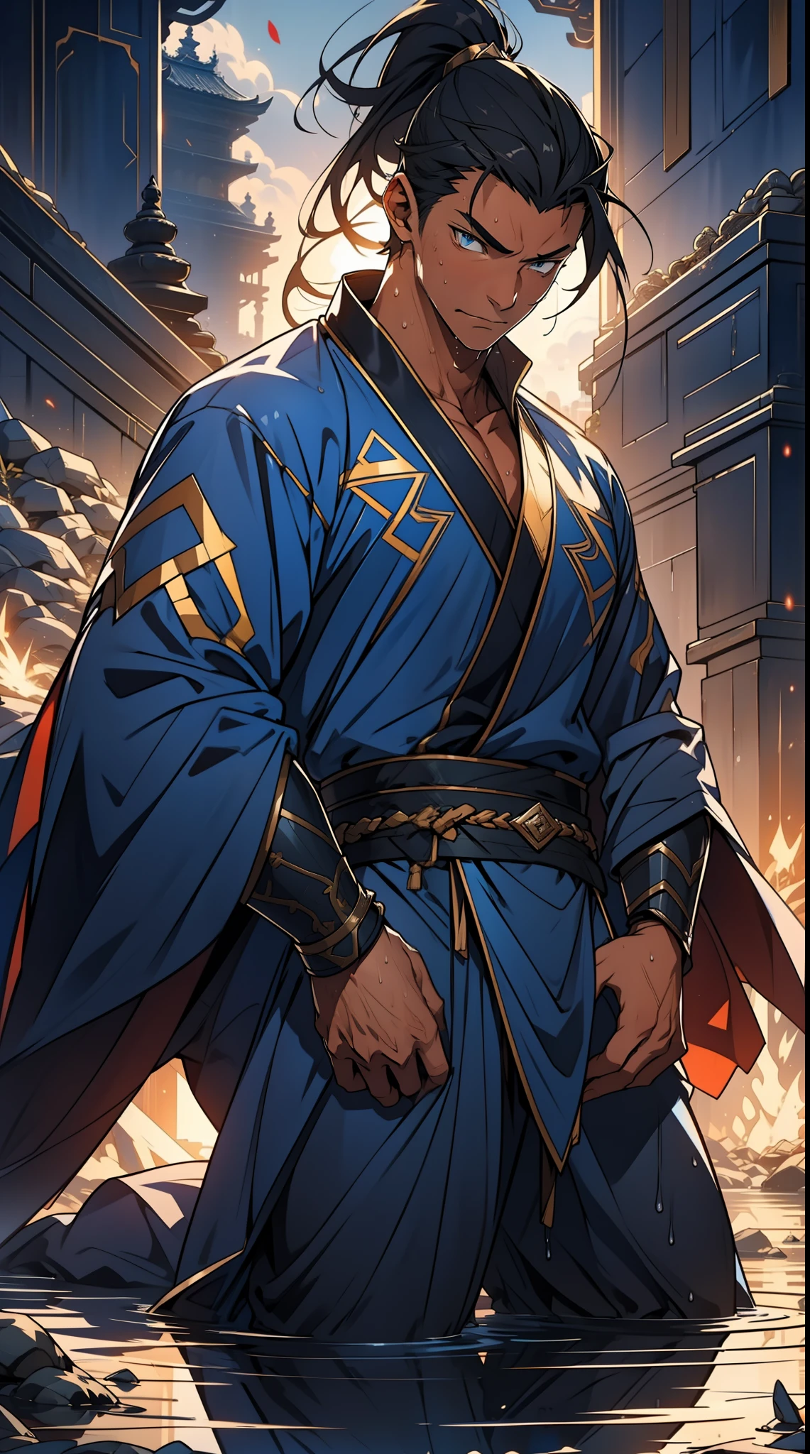 quadratic element,style of anime,mtu(Male Warrior),The proportions are correct,Face details,swordsmen,High ponytail hairstyle,Neck details,There is an Adam's apple,Blue suit,kaftan,long blue robes,clothes details,Handing over,longer sleeves,Game quality,Swordsmanship,Light and shadow tracking,Ray traching,detailed glow,cg render,hair detail,Black long hair,blue colored eyes,Handsome,Handsome,(juvenile sense),Clothing is complicated,Perfectcomposition,Refinement,high qulity,higher details,Lots of details,The background is complex,a sense of atmosphere, 1 man,is shy,Pee on the legs,pissing,Urine runs down the thighs,embarressed,exhilarated,is shocked,panicking,worry,A small puddle of their own urine forms around the feet,full bodyesbian,kneels on the ground,Very eager to pee,It's uncomfortable,Wet yourself,Urine discharge, Sweaty crotch,Drenched,