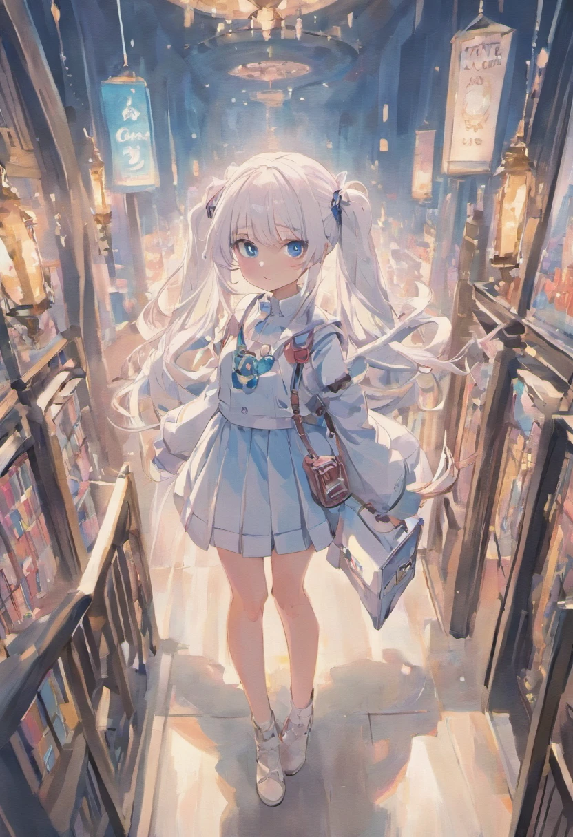 White hair,ta skirt, litthite techwear open jacket , white long hair,twintail, ocean blue eyes, rabbit design bag , headset on neck , library