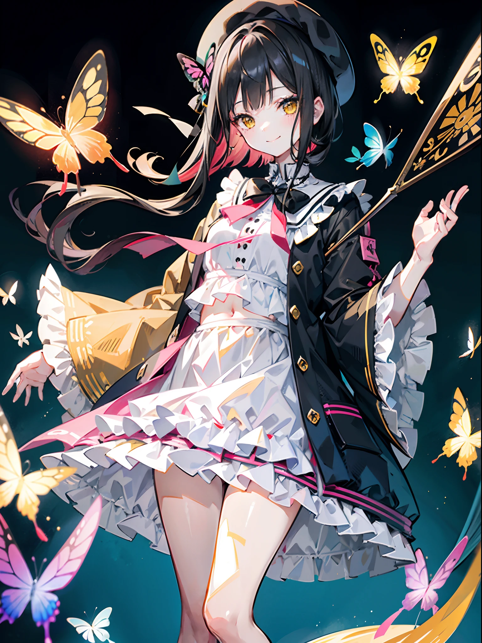 masutepiece, Best Quality, 1 girl, 10 years old, Black hair, Long hair, yellow  eyes, Clothes that show the stomach, beret, Big black and pink butterfly hair ornament on his head, white and gray dress, Smiling, opened_Bocchi, Floating Blue Stick, Floating Red Stick, Floating Yellow Stick, Ultra Detail, delicate illustration,