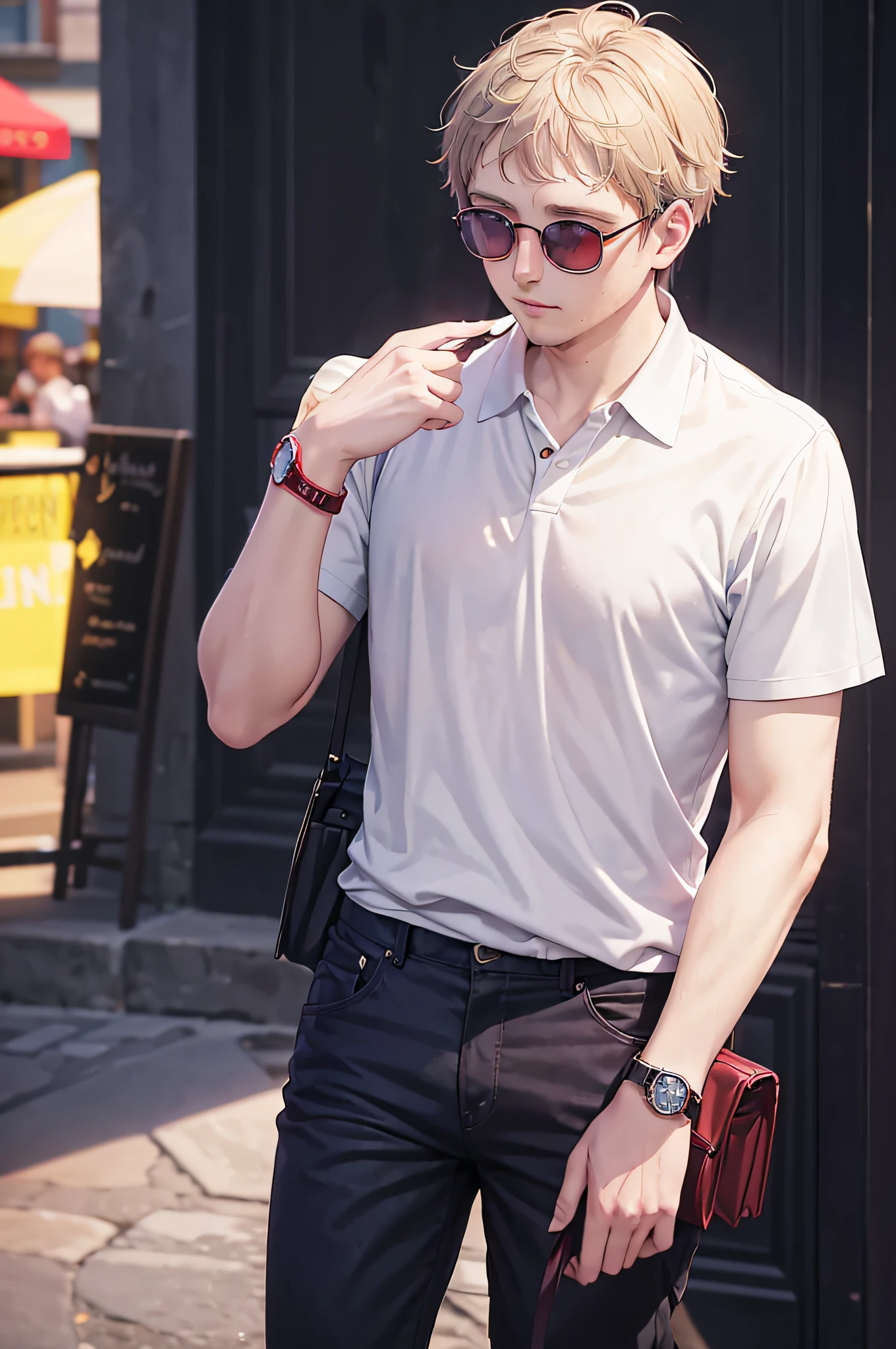 In the heart of Geneva, NathanLeserman sits at a café terrace, a Swiss watch adorning his wrist. The watch, a symbol of timeless love, catches the sunlight, producing a mesmerizing red glow. His summer outfit, a crisp white polo and beige chinos, complements the bustling city's vibrant atmosphere. The yellow glow effect around him adds a magical touch, as if time stands still in this moment.