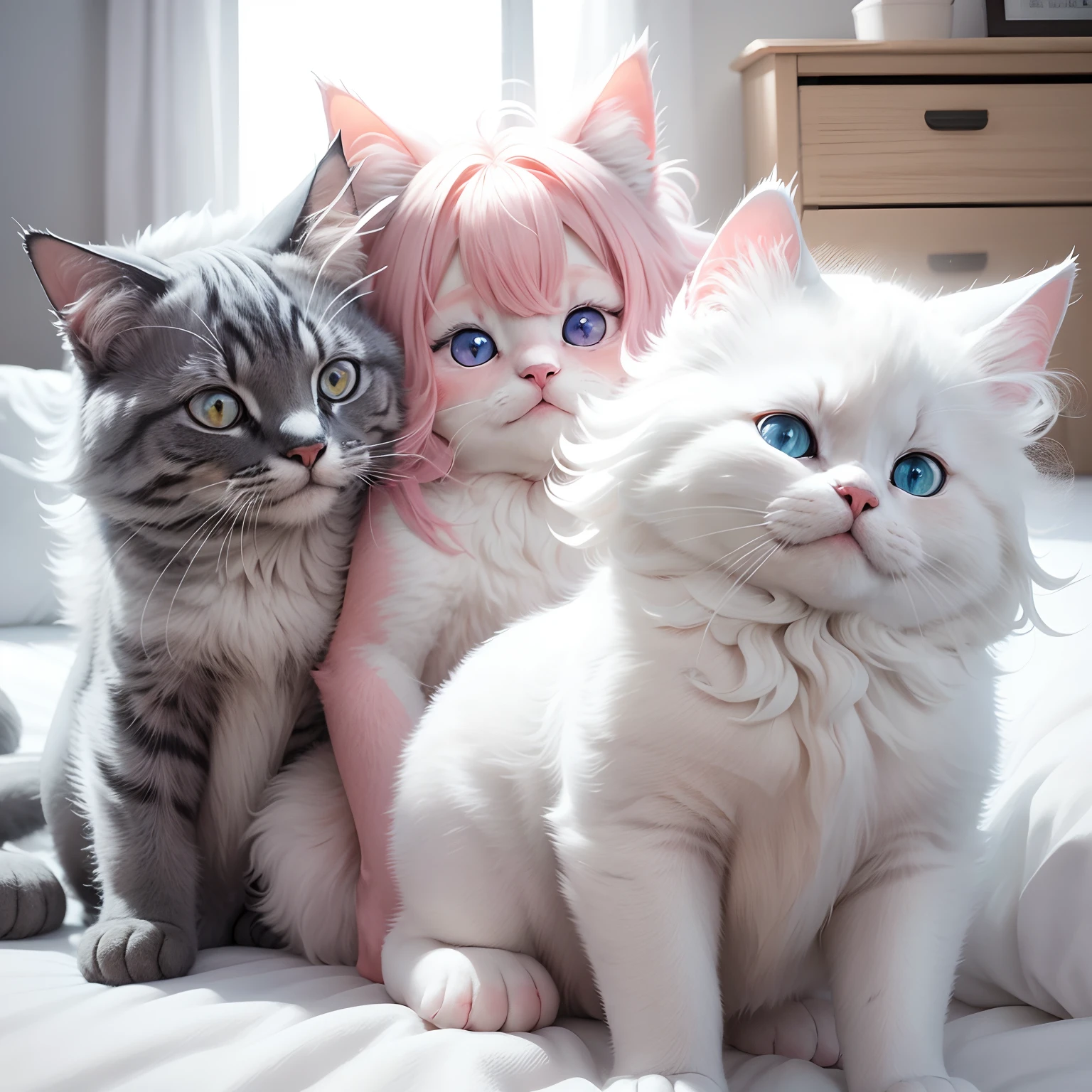 A cat and a dog with fluffy hair like cotton candy are playing in a white room、Cute