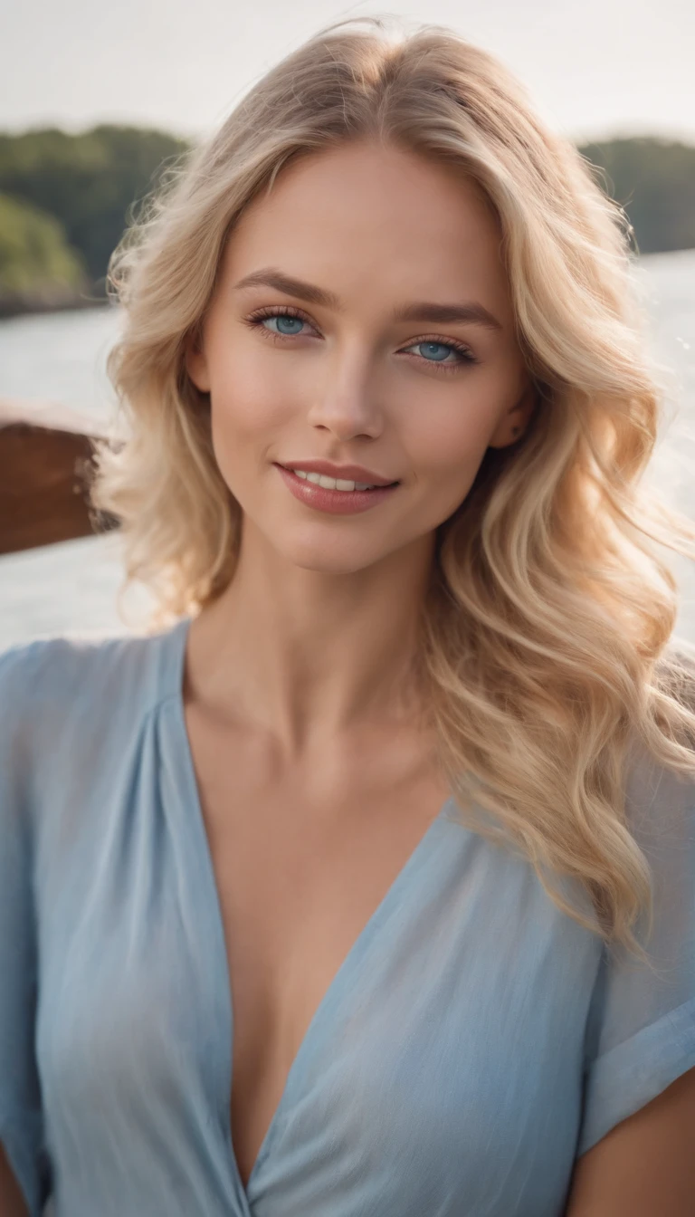 a beautiful blonde woman with wavy hair, blue eyes, tan skin, in Sommerkleidung, auf einem Schiff, full entire body,millionärstochter, lesbisch, attraktiv, laughing,