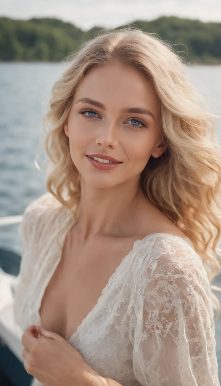 a beautiful blonde woman with wavy hair, blue eyes, tan skin, in Sommerkleidung, auf einem Schiff, full entire body,millionärstochter, lesbisch, attraktiv, laughing,