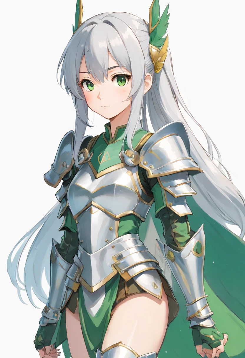 （8K，Best quality，style of anime），Ancient European realistic style armor，Silver-haired female knight，Green emerald pupils，High ponytail，Wearing silver-white armor，Delicate facial features，The drawing style is similar to that of characters in anime，Boots，Gaiters，with a pure white background，Character design，quadratic element，Include a small amount of introductory text，Three views of people