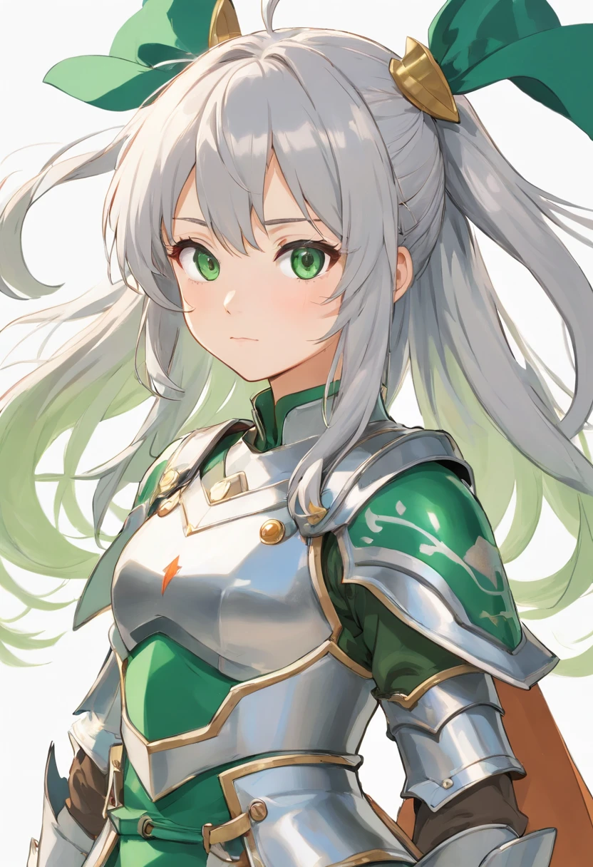 (8K,Best quality,style of anime),Ancient European realistic style armor,Silver-haired female knight,Green emerald pupils,High ponytail,Wearing silver-white armor,Delicate facial features,The drawing style is similar to that of characters in anime,You can see the whole body,with a pure white background,Character design,quadratic element,Include a small amount of introductory text,Three views of people