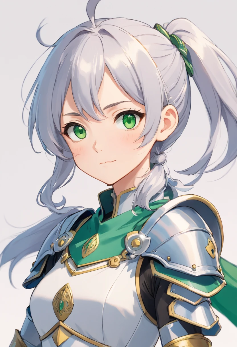 （8K，Best quality，style of anime），Ancient European realistic style armor，Silver-haired female knight，Green emerald pupils，High ponytail，Wearing silver-white armor，Delicate facial features，The drawing style is similar to that of characters in anime，Boots，Gaiters，with a pure white background，Character design，quadratic element，Include a small amount of introductory text，Three views of people